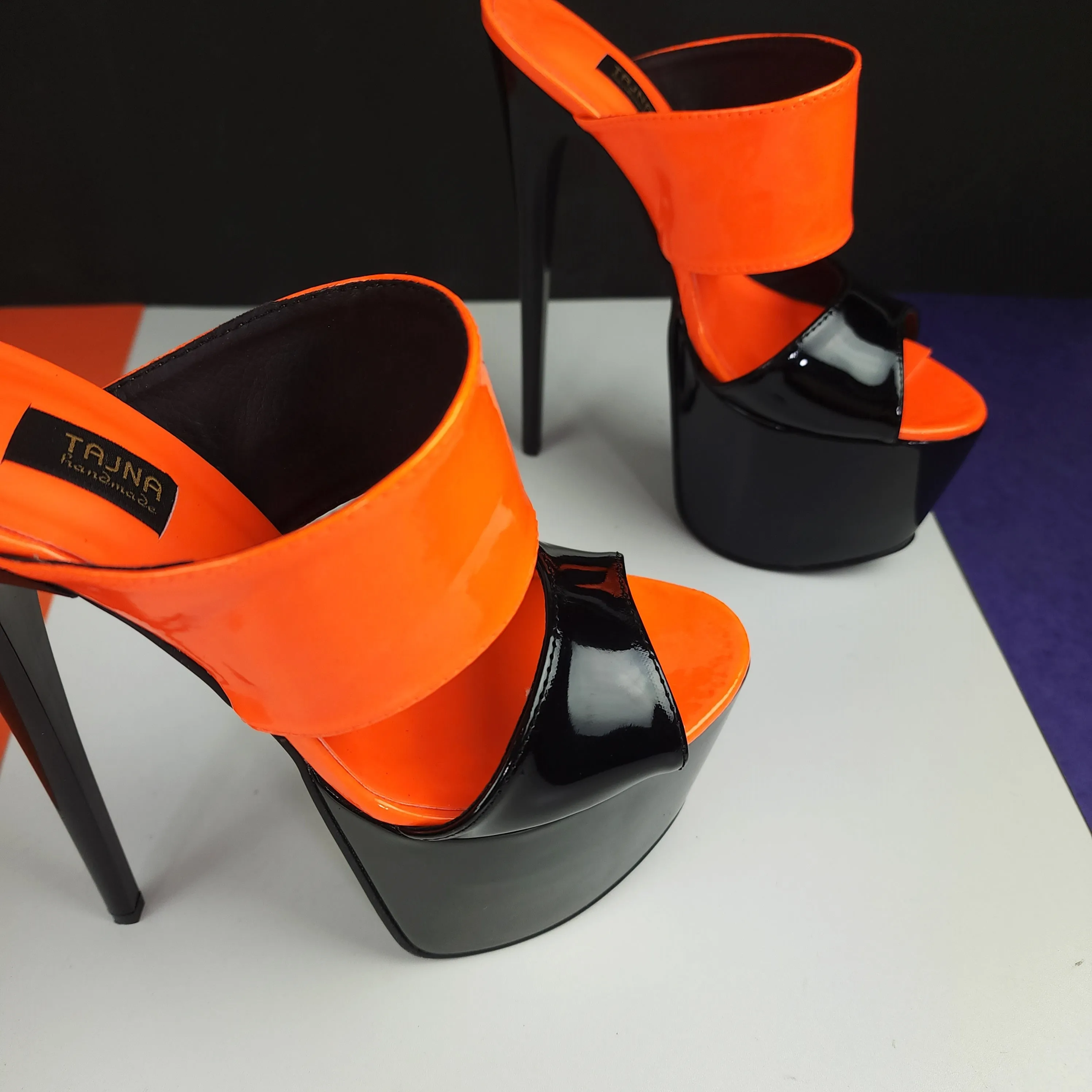 Black Orange Gloss Double Strap Mules