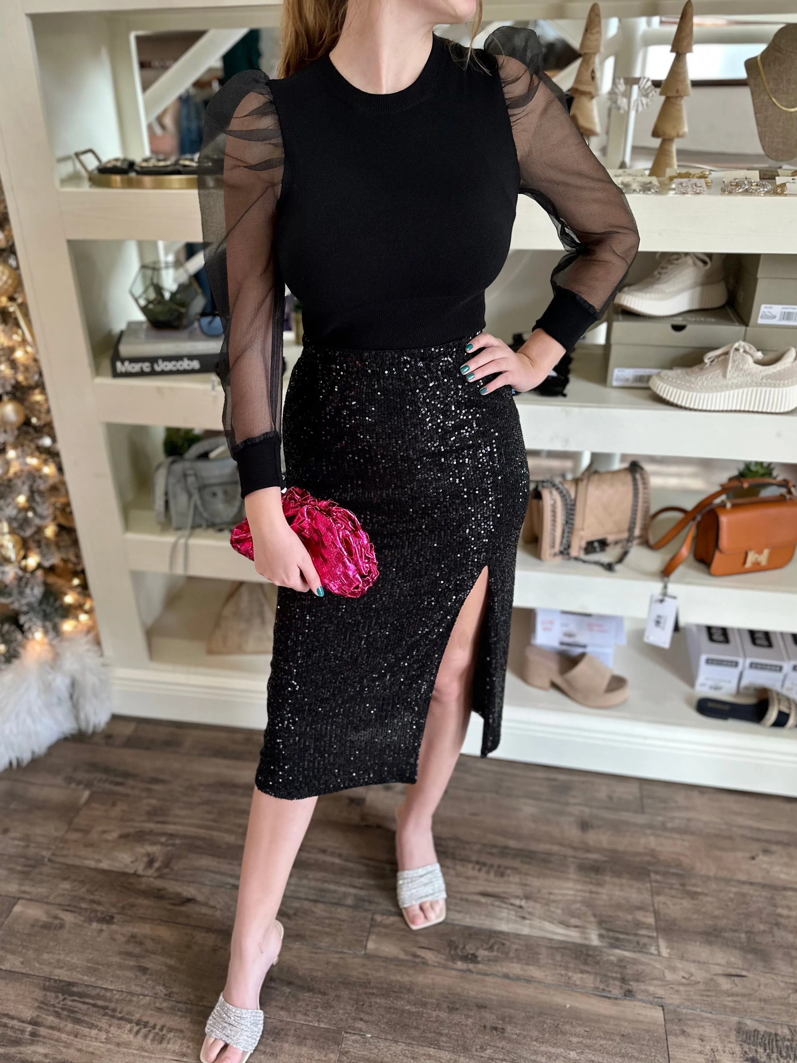 Black Sequin Midi Skirt