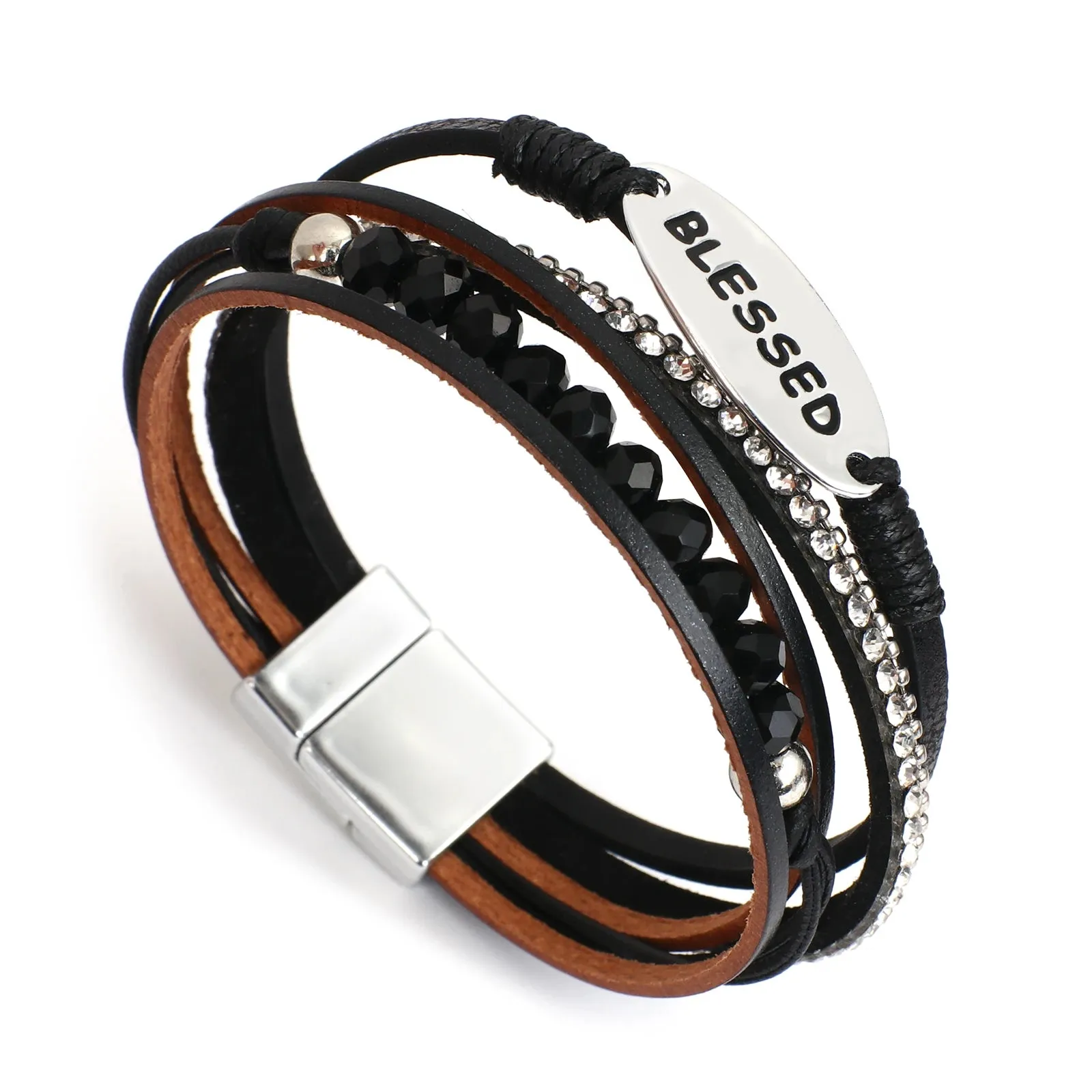 'Blessed' Charm Cuff Bracelet - black