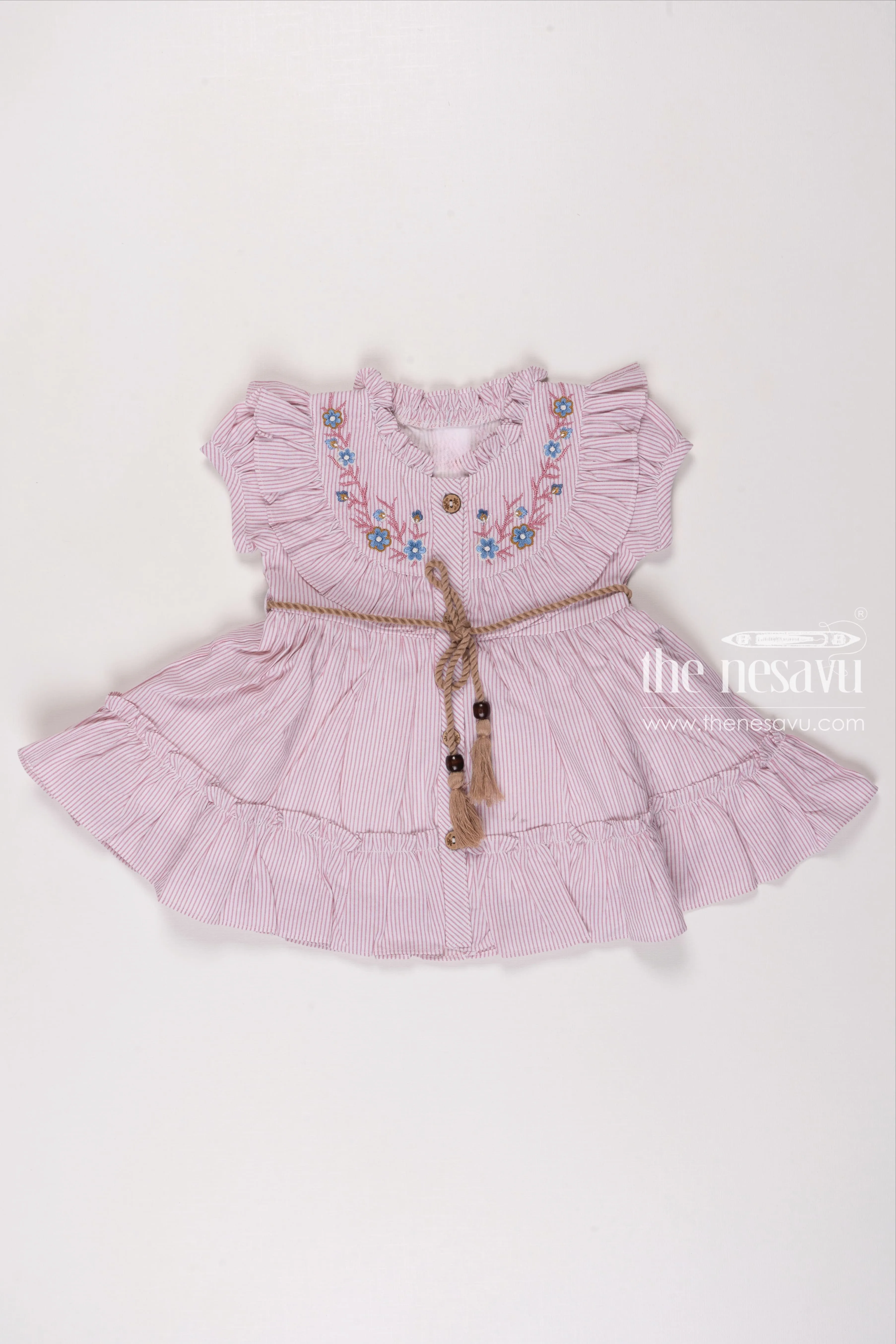 Blossom Pink Striped Cotton Frock for Girls  Delicate Floral Embroidery & Charming Tassel Detail