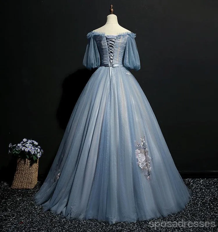 Blue A-line Off Shoulder Half Sleeves Long Party Prom Dresses, Dance Dresses,12550