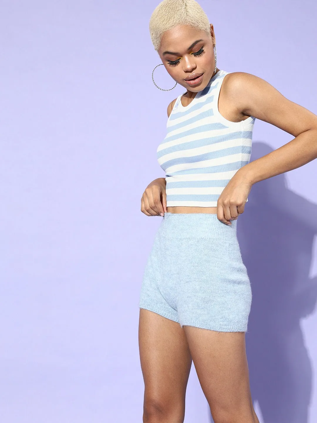 Blue & White Stripe Sleeveless Rib Crop Top