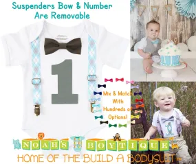 Blue and Gray Baby Boy First Birthday Outfit - Argyle Birthday Shirt - Elephant Theme Party - Cake Smash - Suspenders Bow Tie - Number One