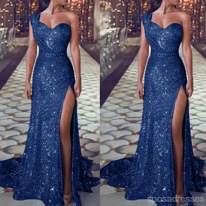 Blue Mermaid One Shoulder High Slit Cheap Long Prom Dresses,12973