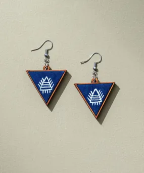 Blue painted upcycled fabric repurposed wood triangular earrings