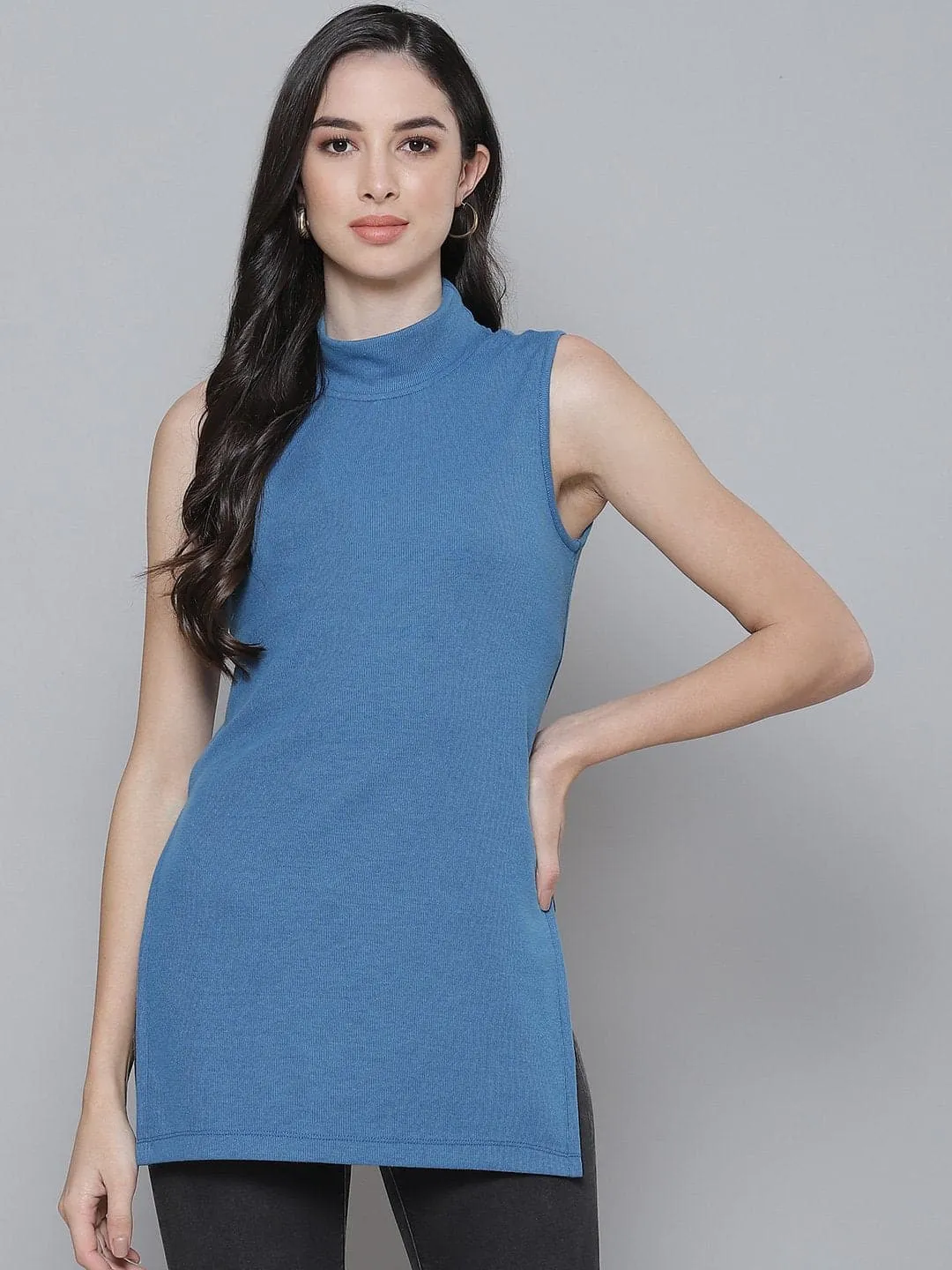 Blue Rib Side Slits Turtle Neck Long Top