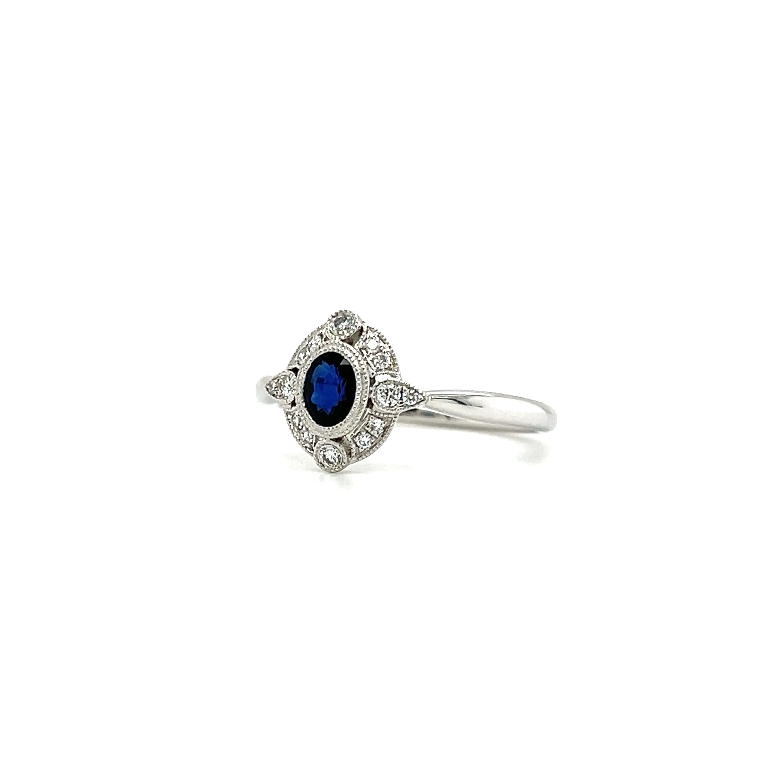 Blue Sapphire Ring with Milgrain Diamond Halo in 14K White Gold