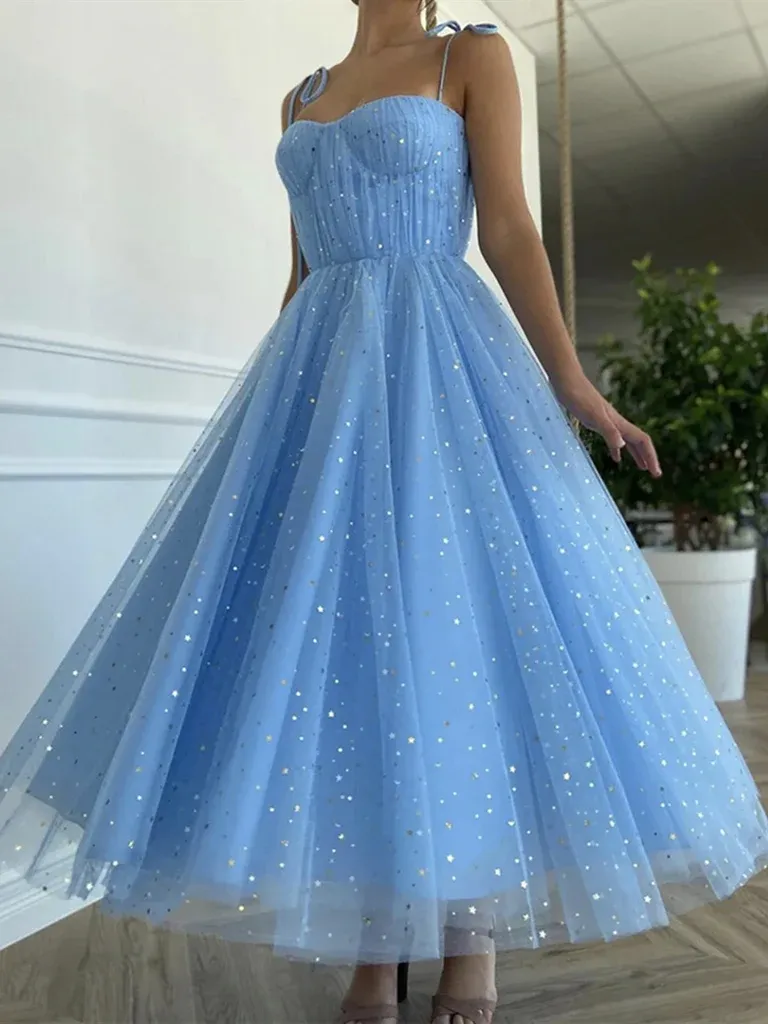 Blue Tea length Tulle Prom Dresses, Spaghetti Straps Blue Tea Length Formal Homecoming Dresses