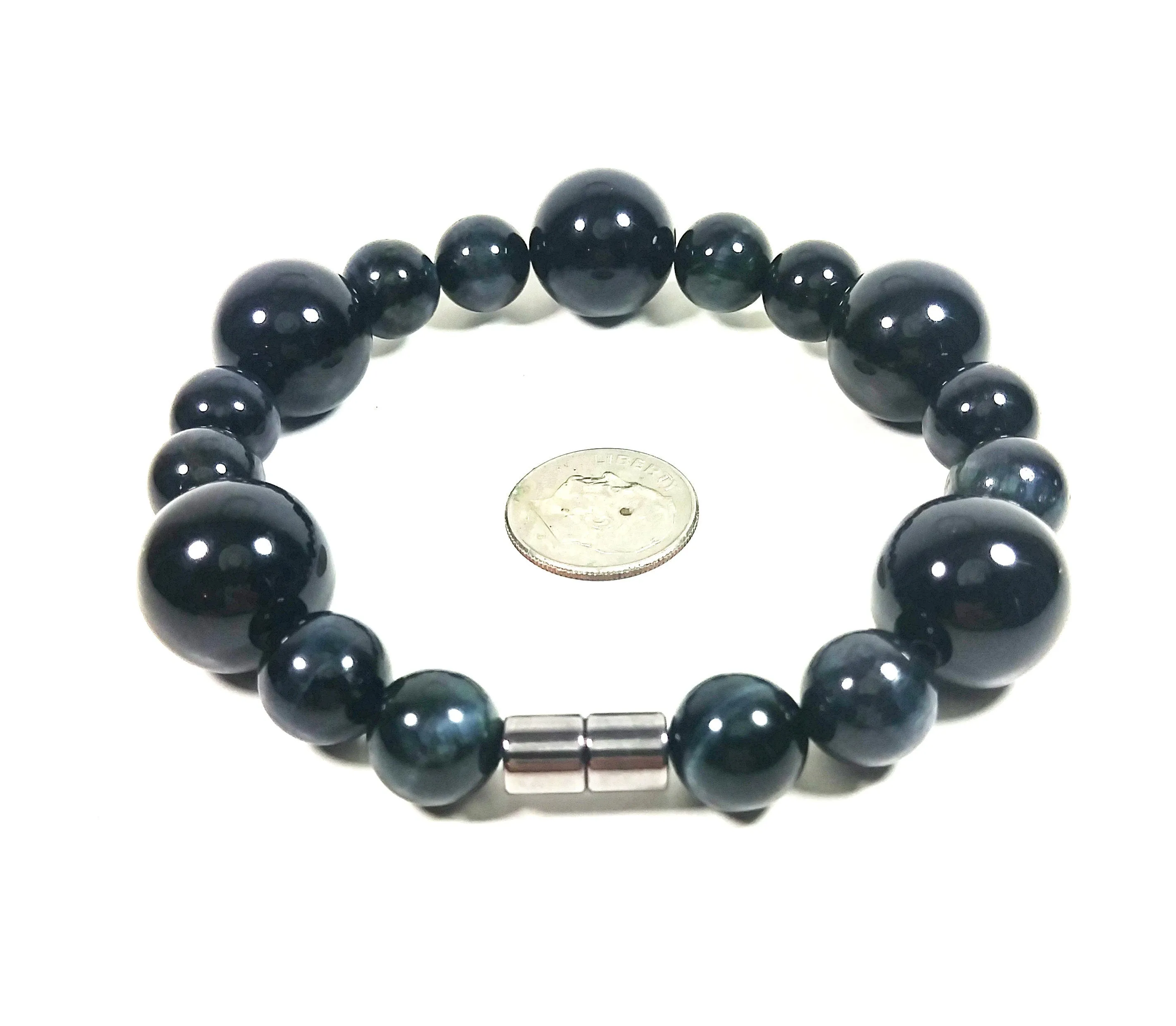 Blue Tiger Eye & Onyx Bead Bracelet For Men And Women - Confidence - Protection -Super Strong Magnetic Clasp