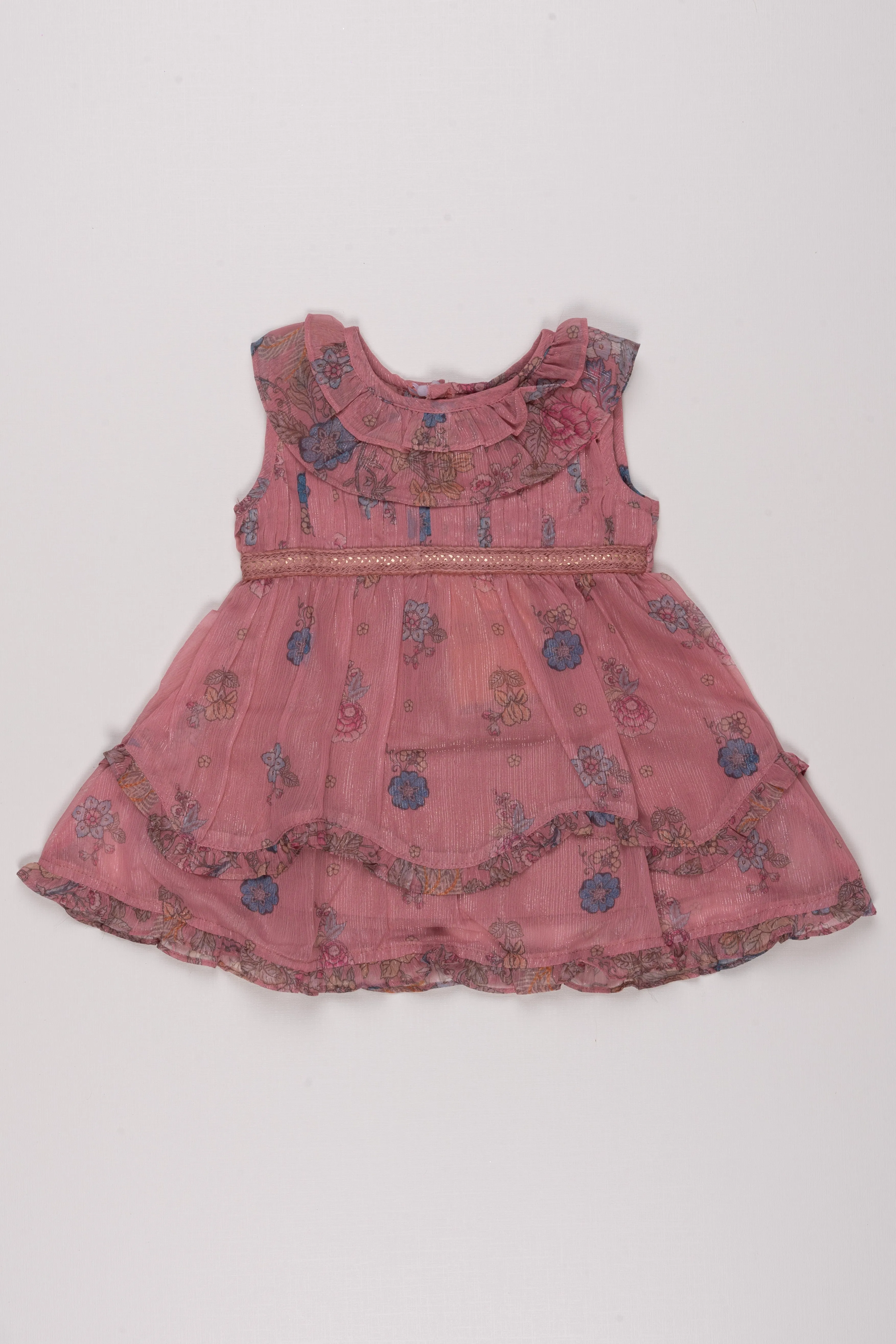 Blush Blooms: Chic Floral Pleated Layered Baby Frock for Adorable Trendsetters