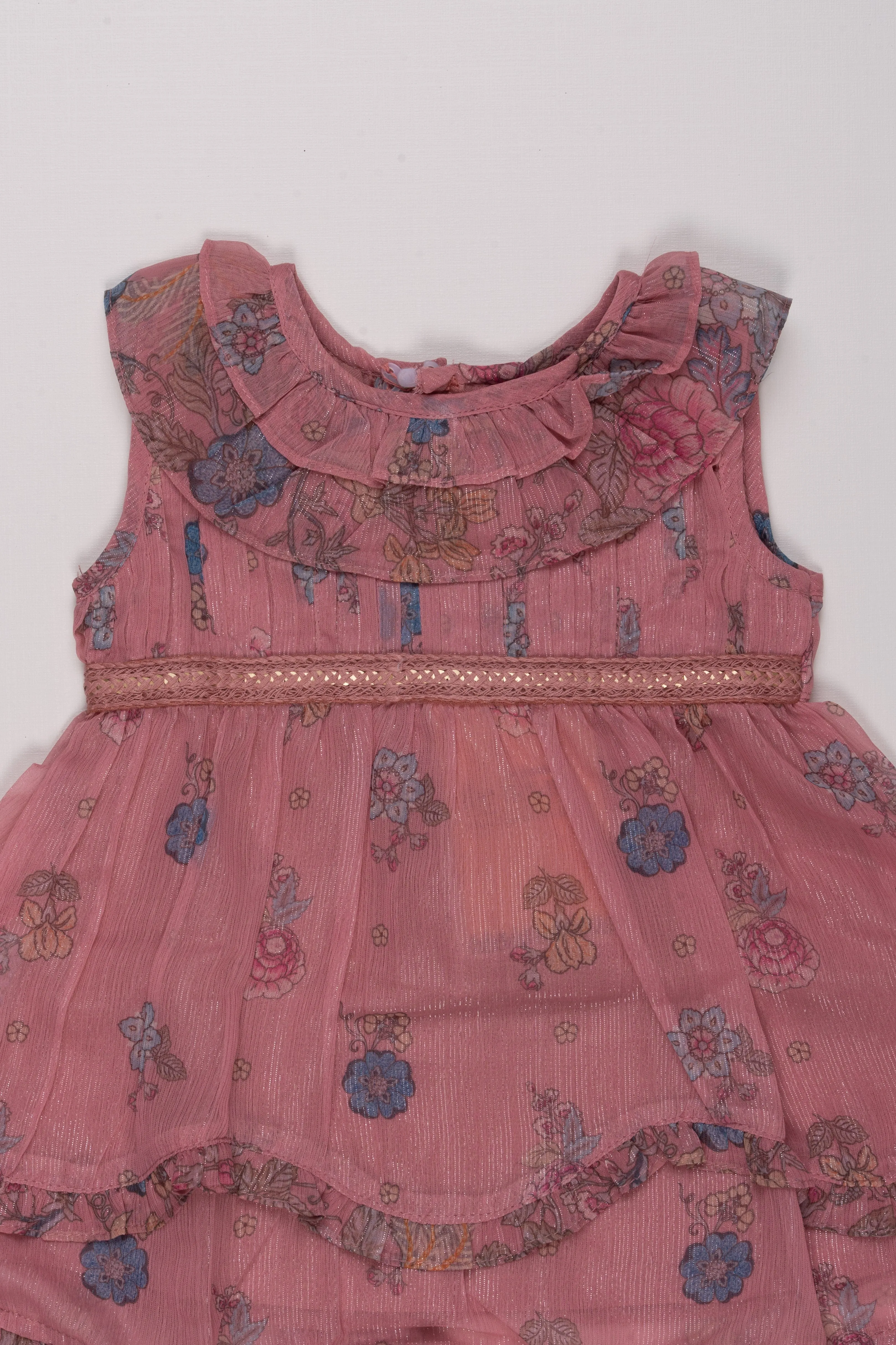 Blush Blooms: Chic Floral Pleated Layered Baby Frock for Adorable Trendsetters