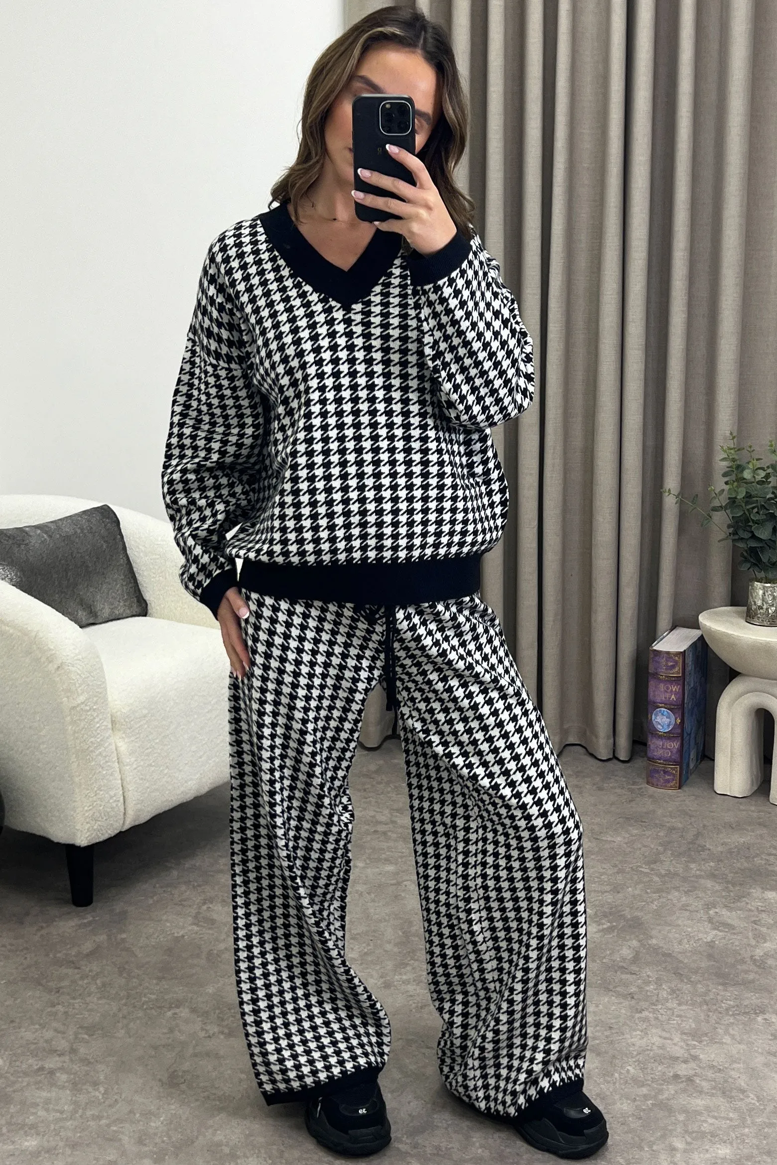 Bobby Black and White Houndstooth Print Oversized Jumper and Trousers Knit Co-Ord Set