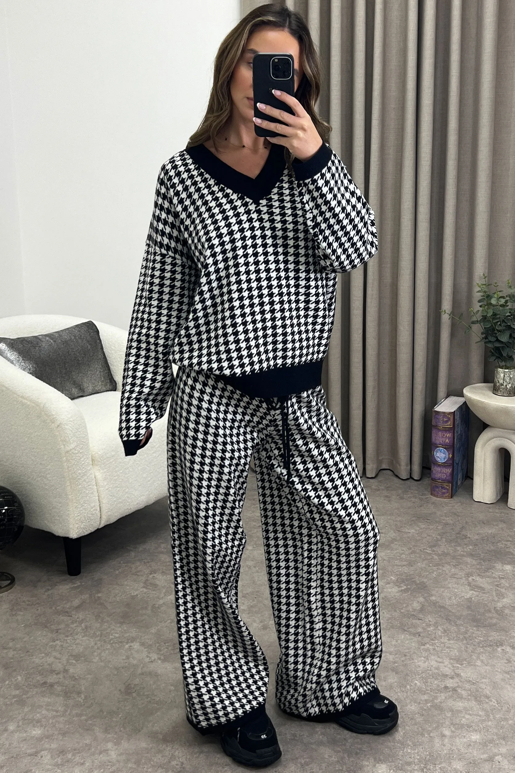 Bobby Black and White Houndstooth Print Oversized Jumper and Trousers Knit Co-Ord Set