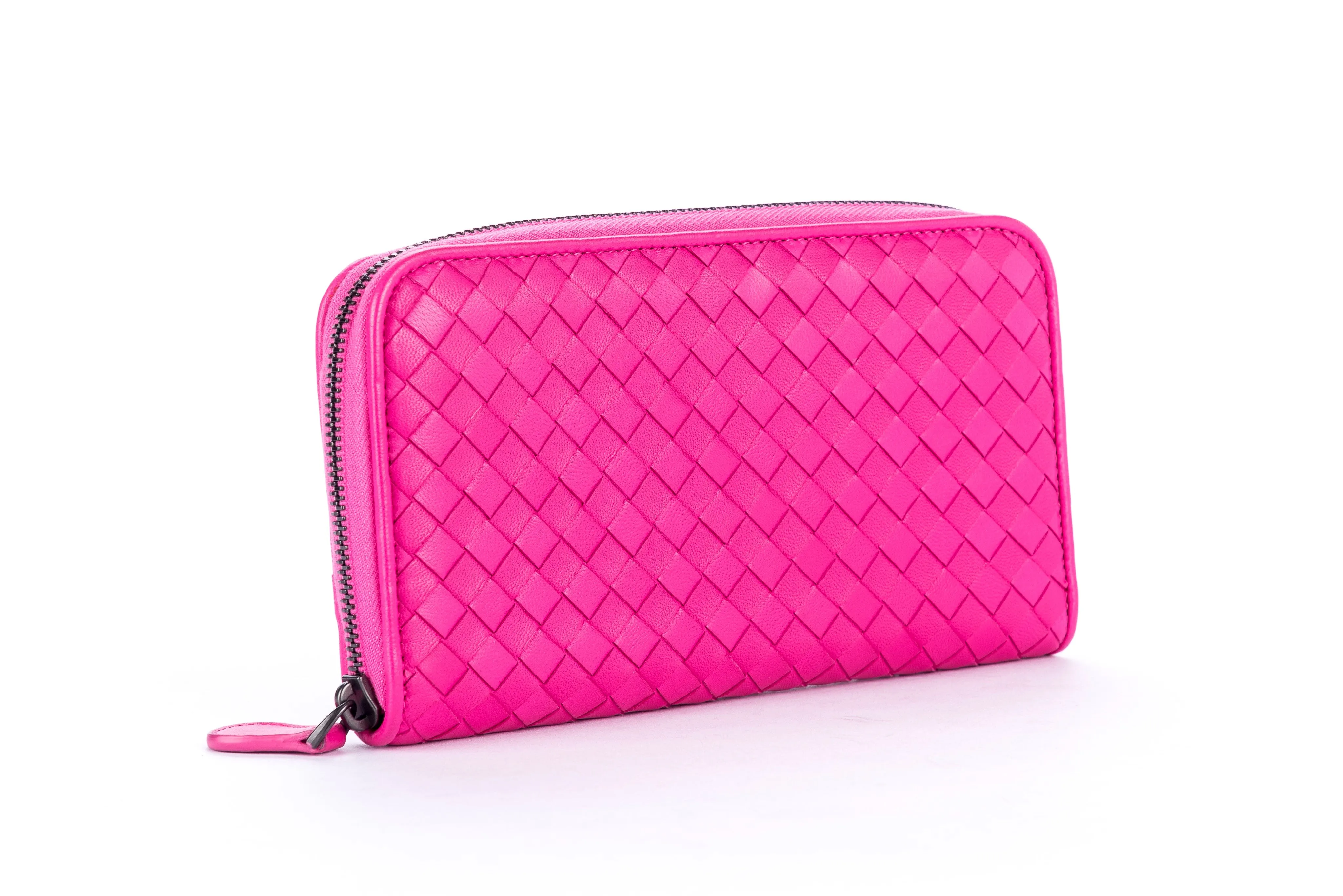 Bottega Veneta Pink Weave Leather Zippy Wallet, no Dust Cover