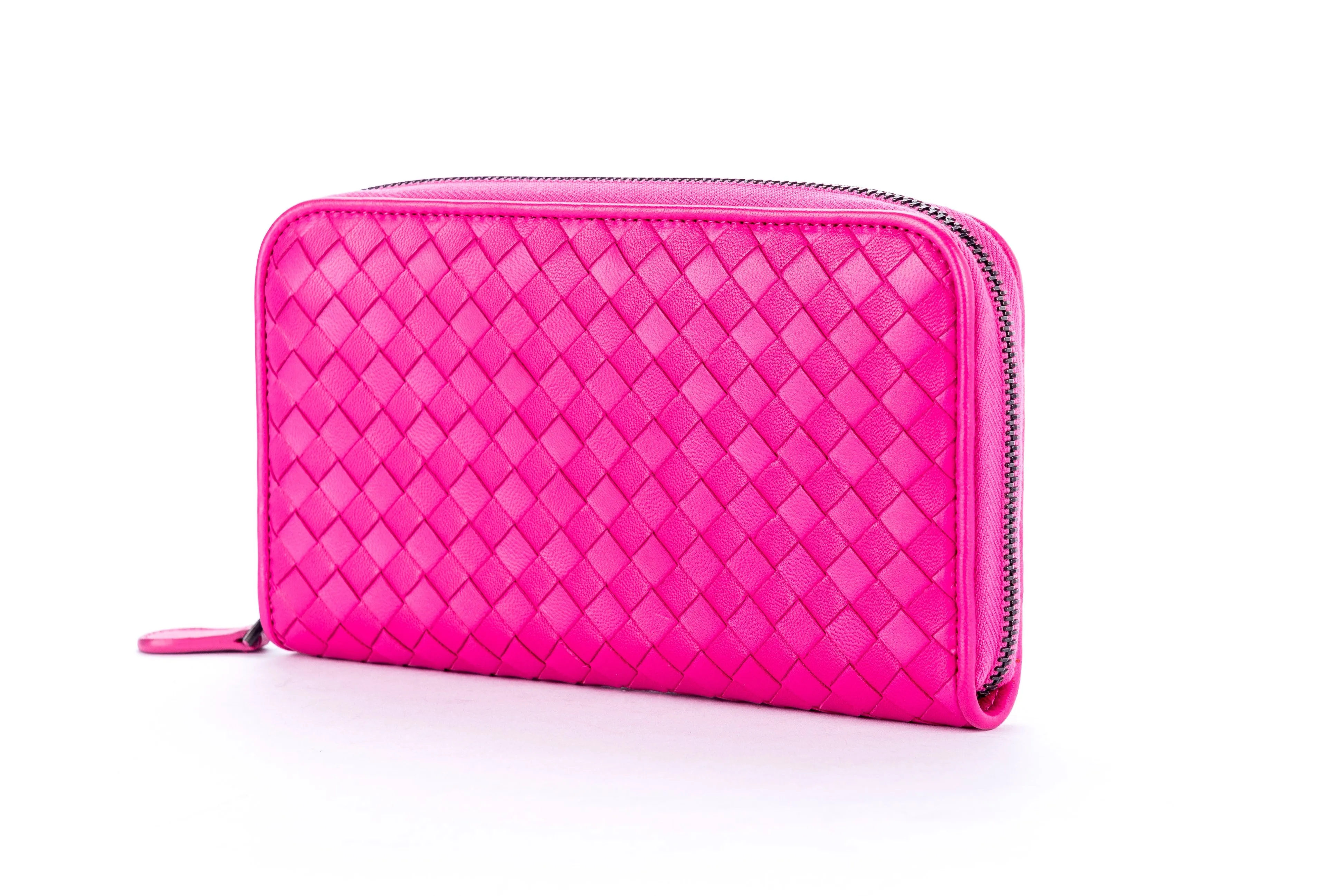 Bottega Veneta Pink Weave Leather Zippy Wallet, no Dust Cover