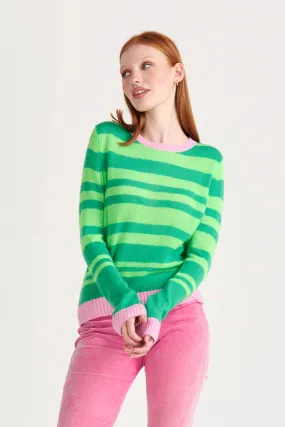 Bright Green and Neon Cashmere Contrast Stripe Crew