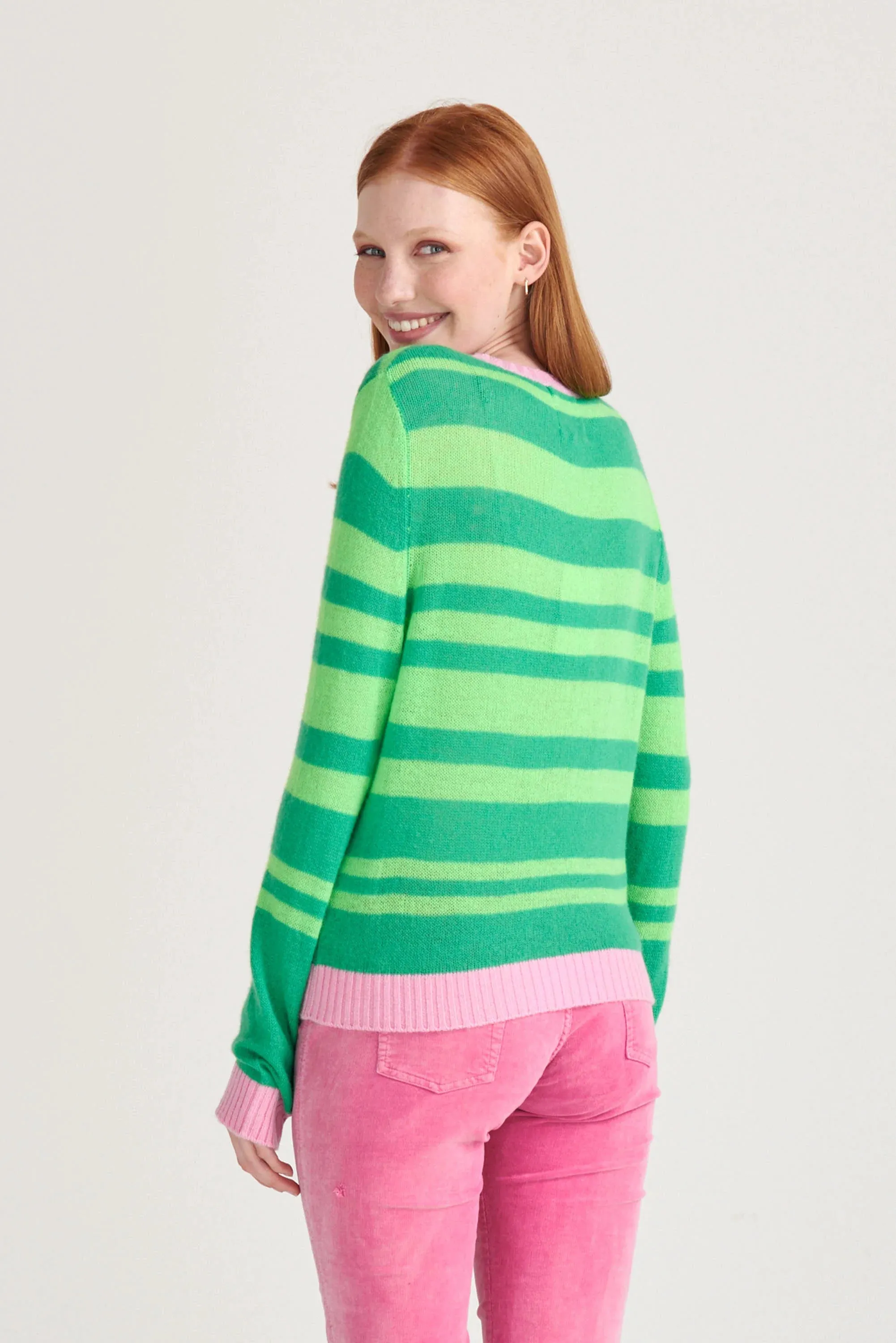 Bright Green and Neon Cashmere Contrast Stripe Crew