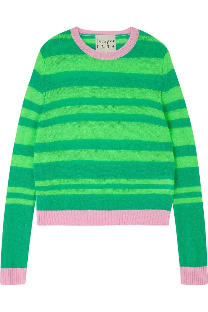 Bright Green and Neon Cashmere Contrast Stripe Crew