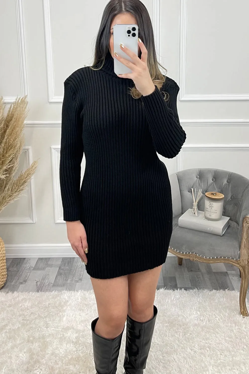 Briona Black Rib Roll Neck Knitted Bodycon Dress