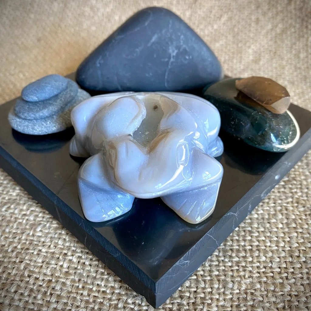 Chalcedony Frog, Natural Zambian Citrine Point on Black Shungite Tile