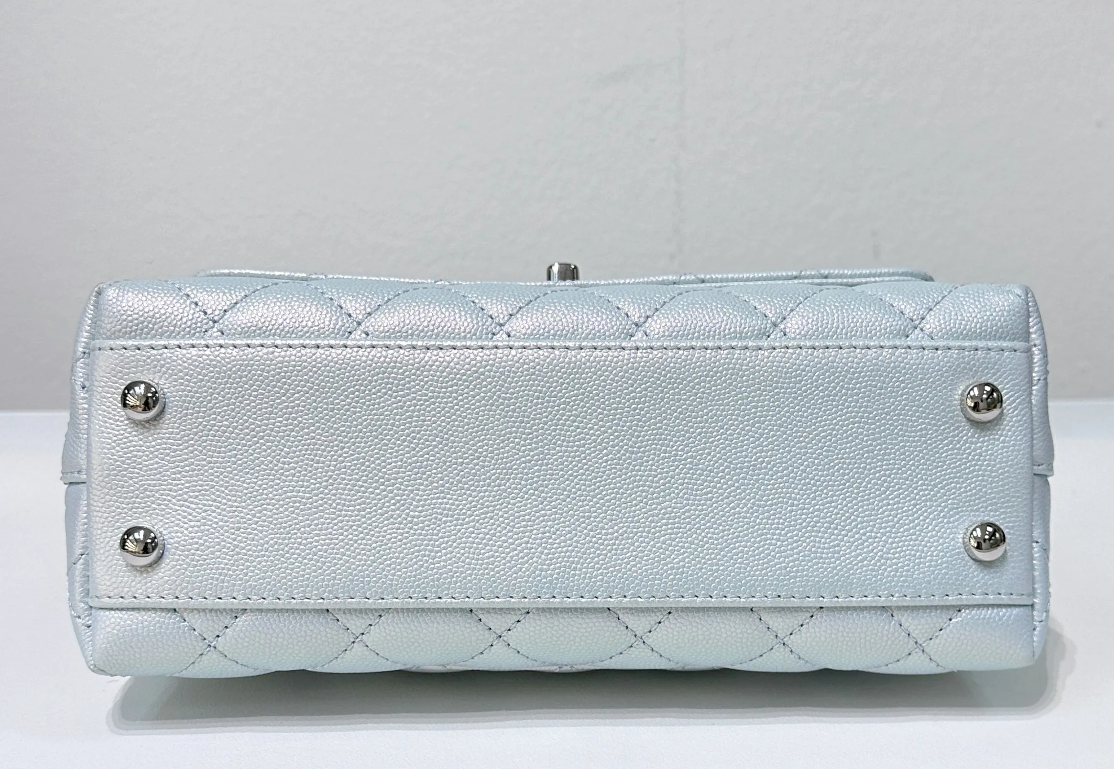 CHANEL Iridescent Caviar Quilted Mini Coco Handle Flap Light Blue