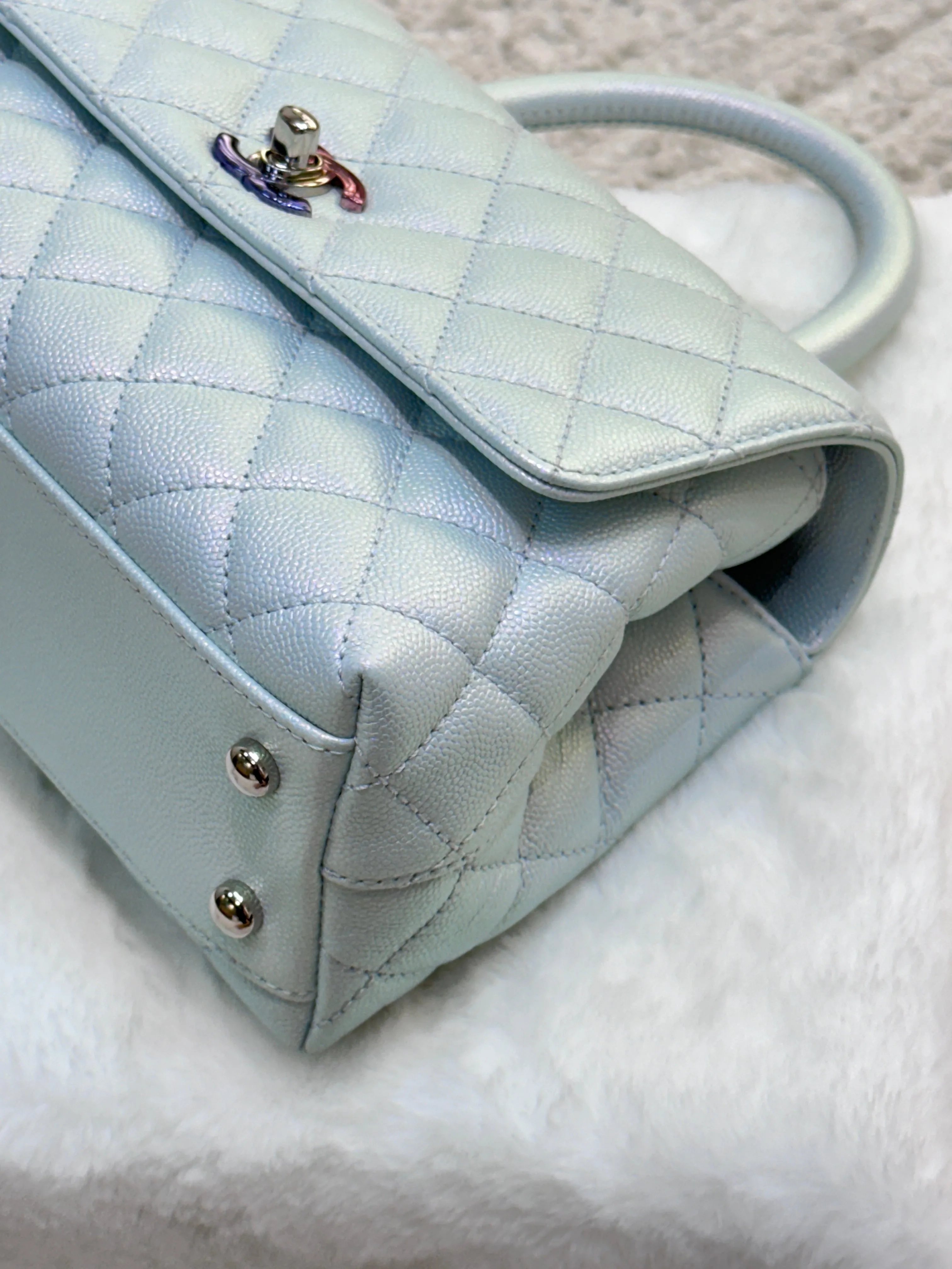 CHANEL Iridescent Caviar Quilted Mini Coco Handle Flap Light Blue