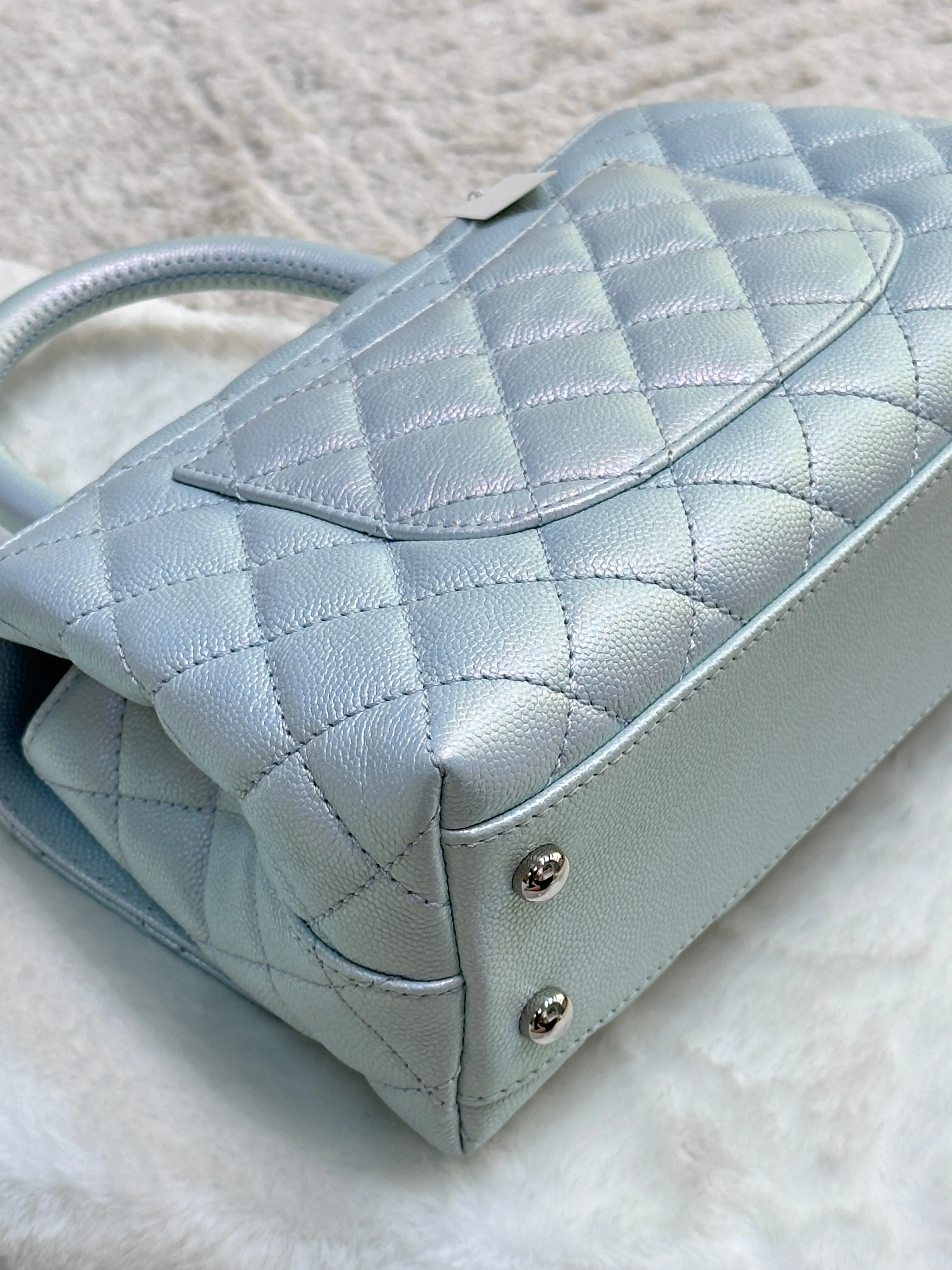 CHANEL Iridescent Caviar Quilted Mini Coco Handle Flap Light Blue