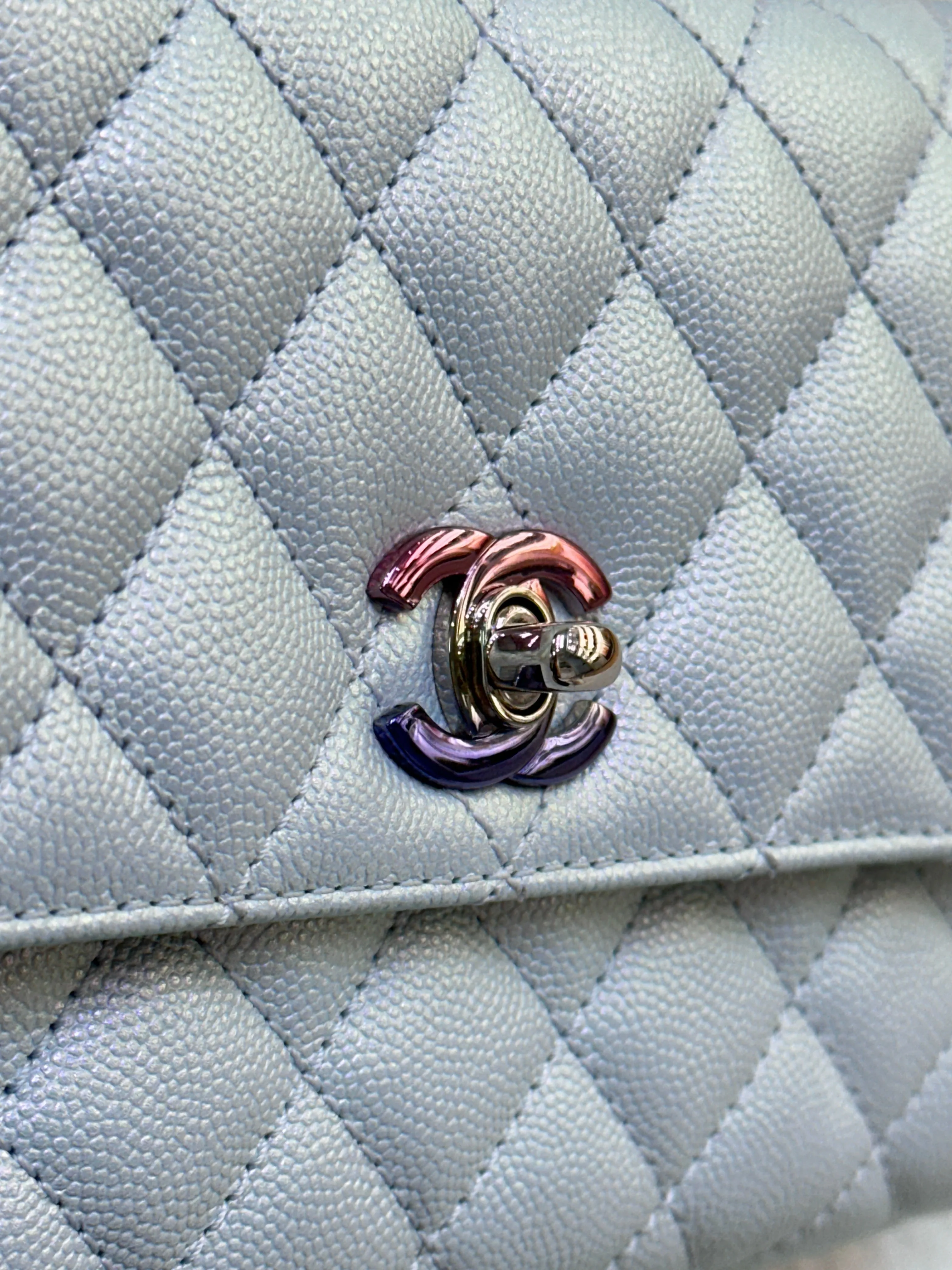 CHANEL Iridescent Caviar Quilted Mini Coco Handle Flap Light Blue