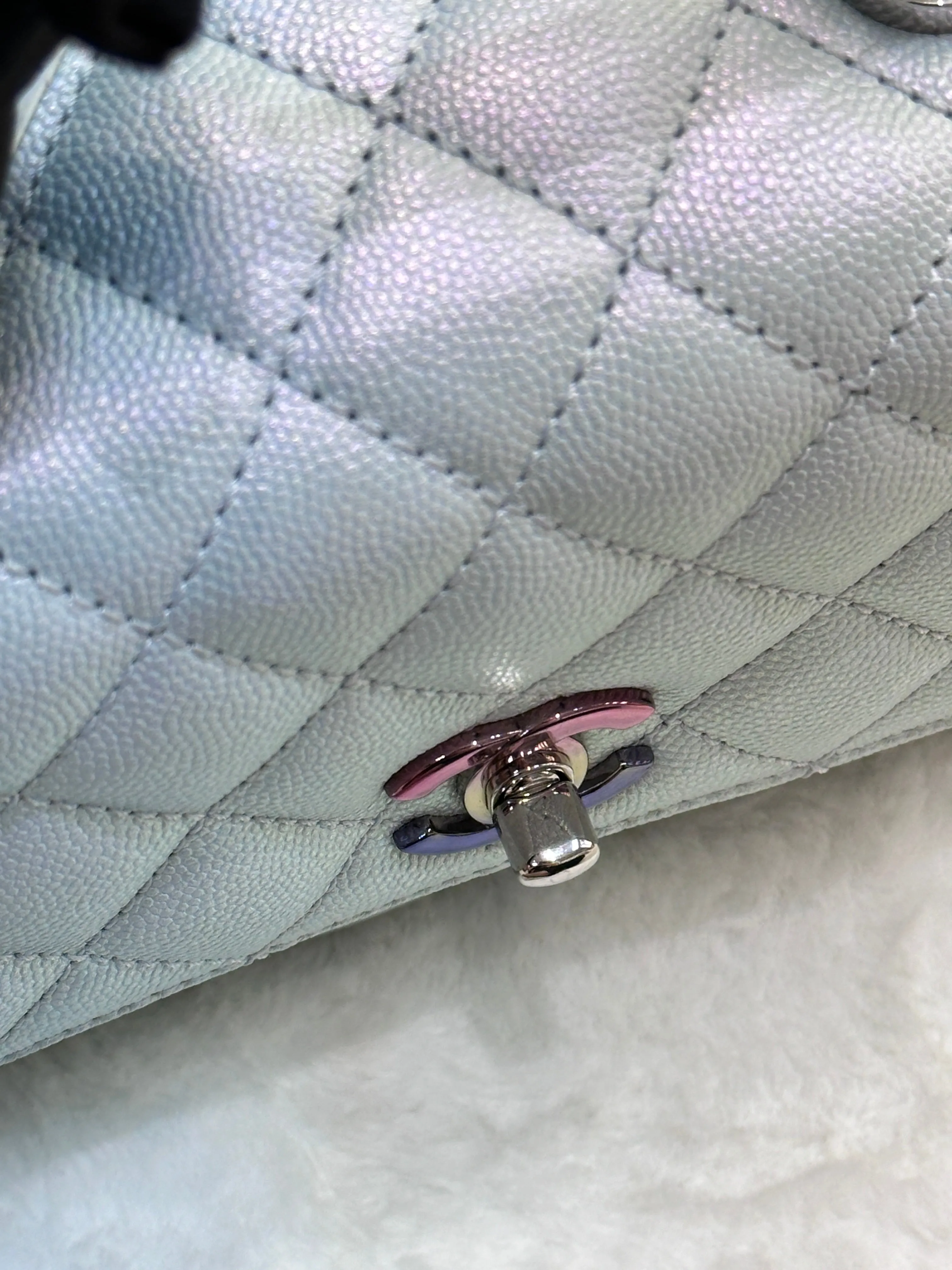 CHANEL Iridescent Caviar Quilted Mini Coco Handle Flap Light Blue