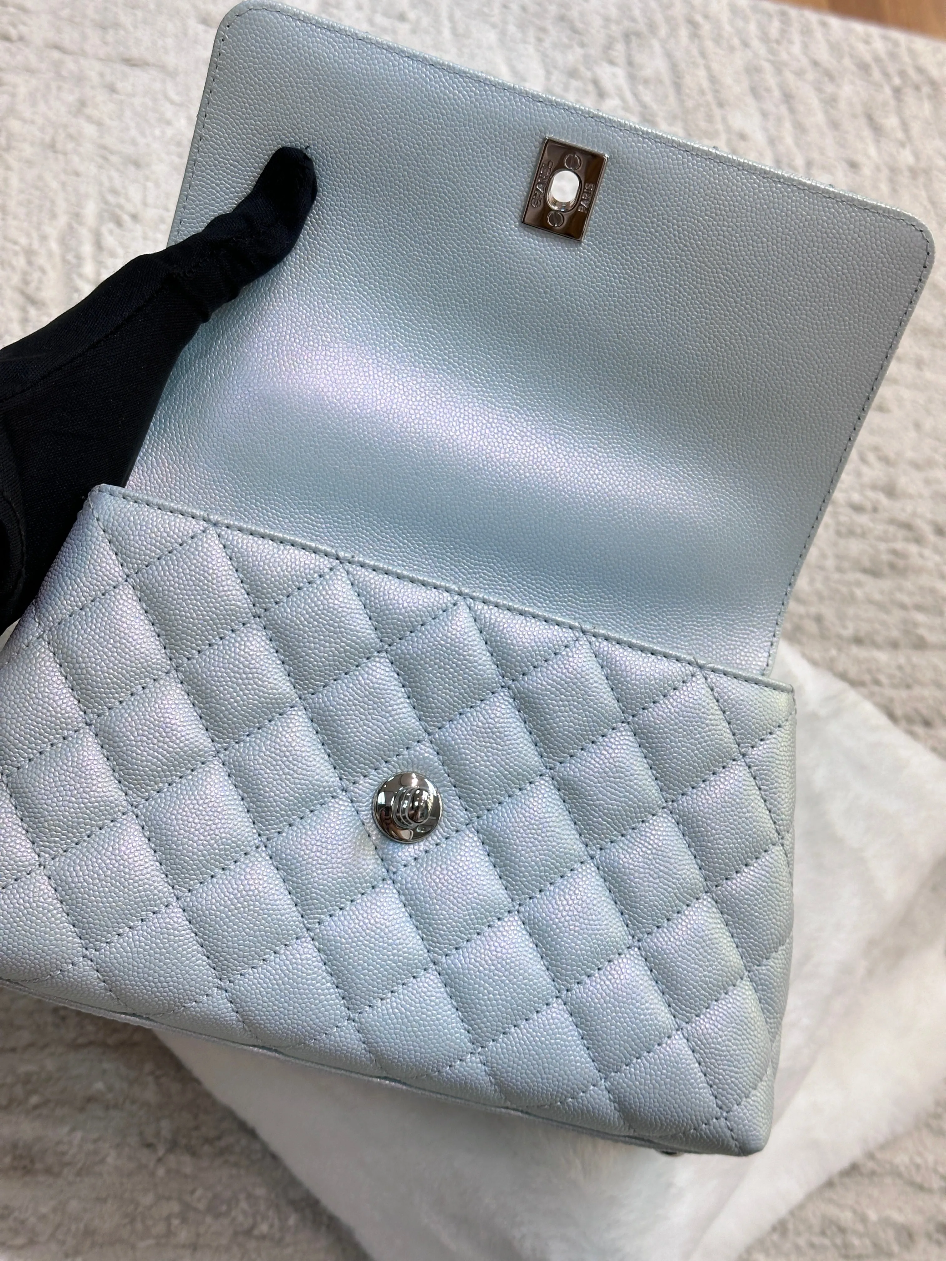 CHANEL Iridescent Caviar Quilted Mini Coco Handle Flap Light Blue