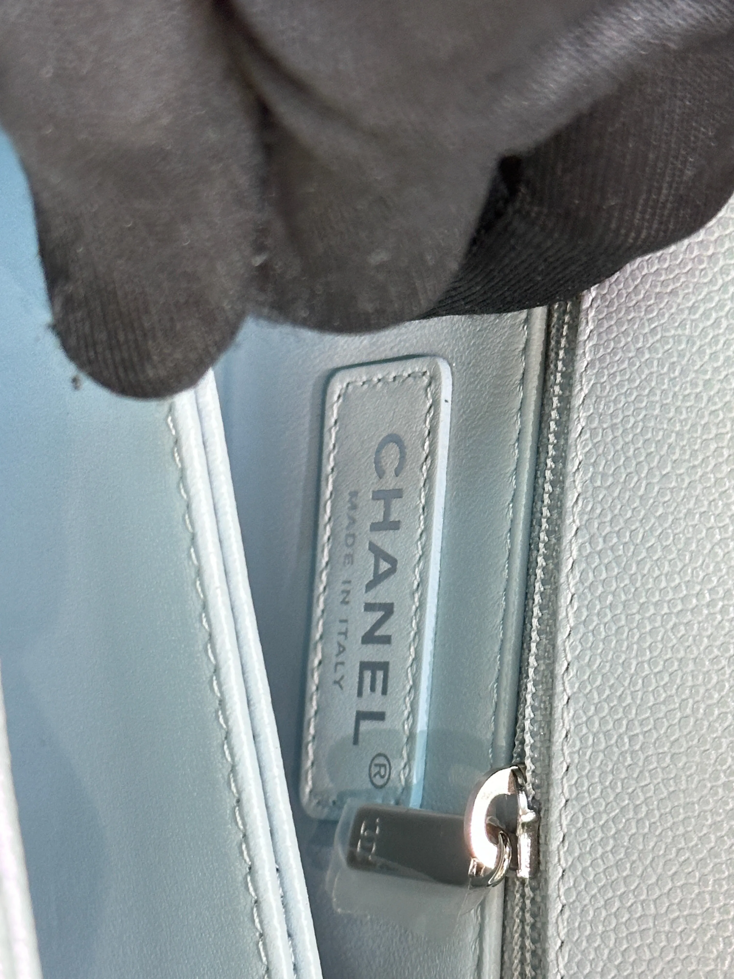 CHANEL Iridescent Caviar Quilted Mini Coco Handle Flap Light Blue