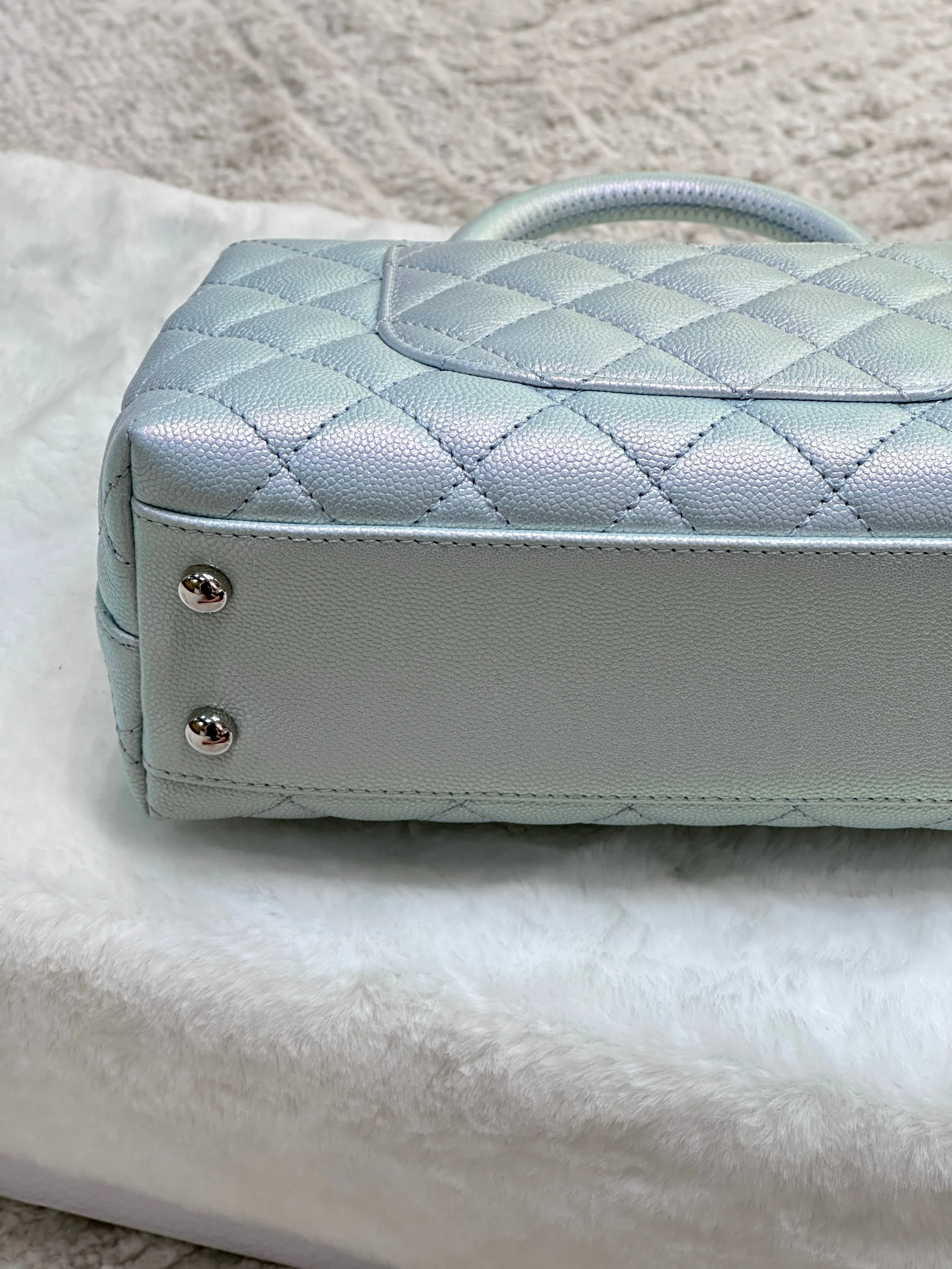 CHANEL Iridescent Caviar Quilted Mini Coco Handle Flap Light Blue