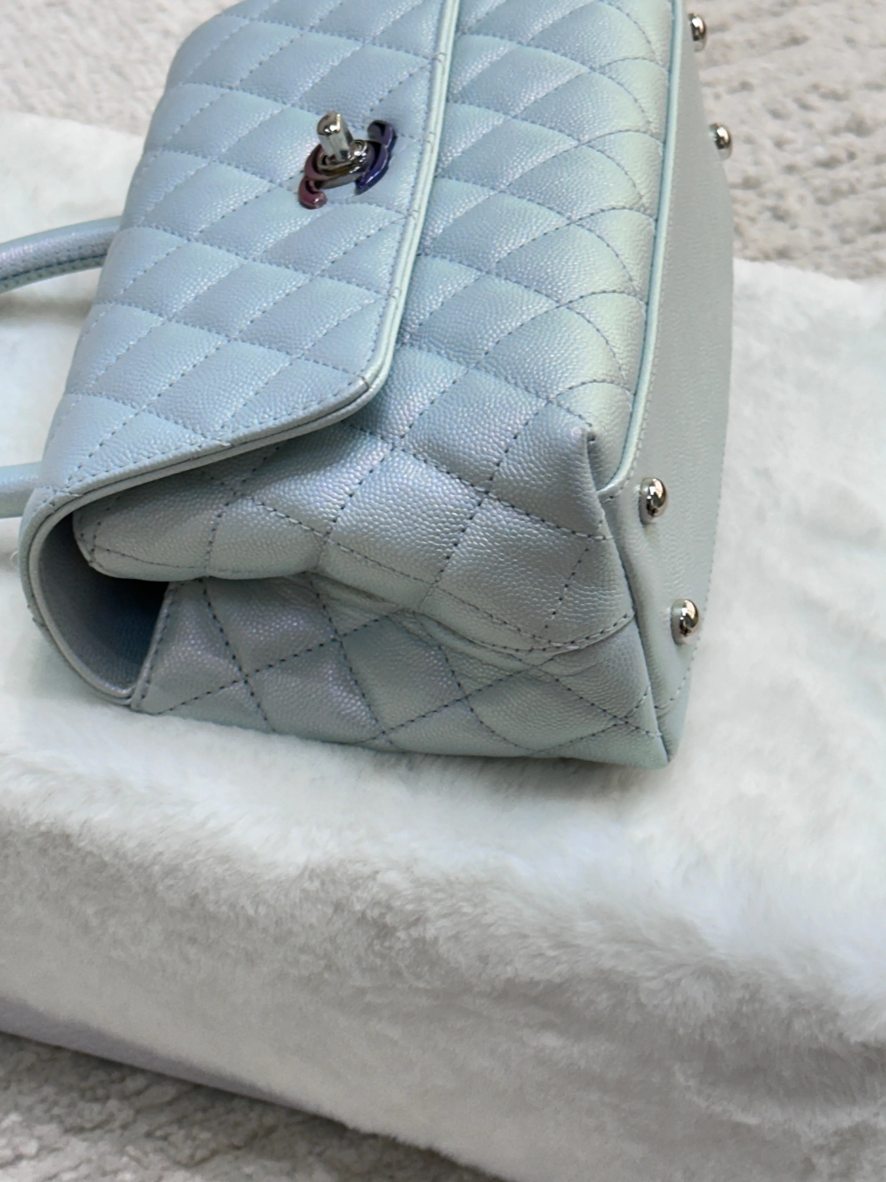 CHANEL Iridescent Caviar Quilted Mini Coco Handle Flap Light Blue