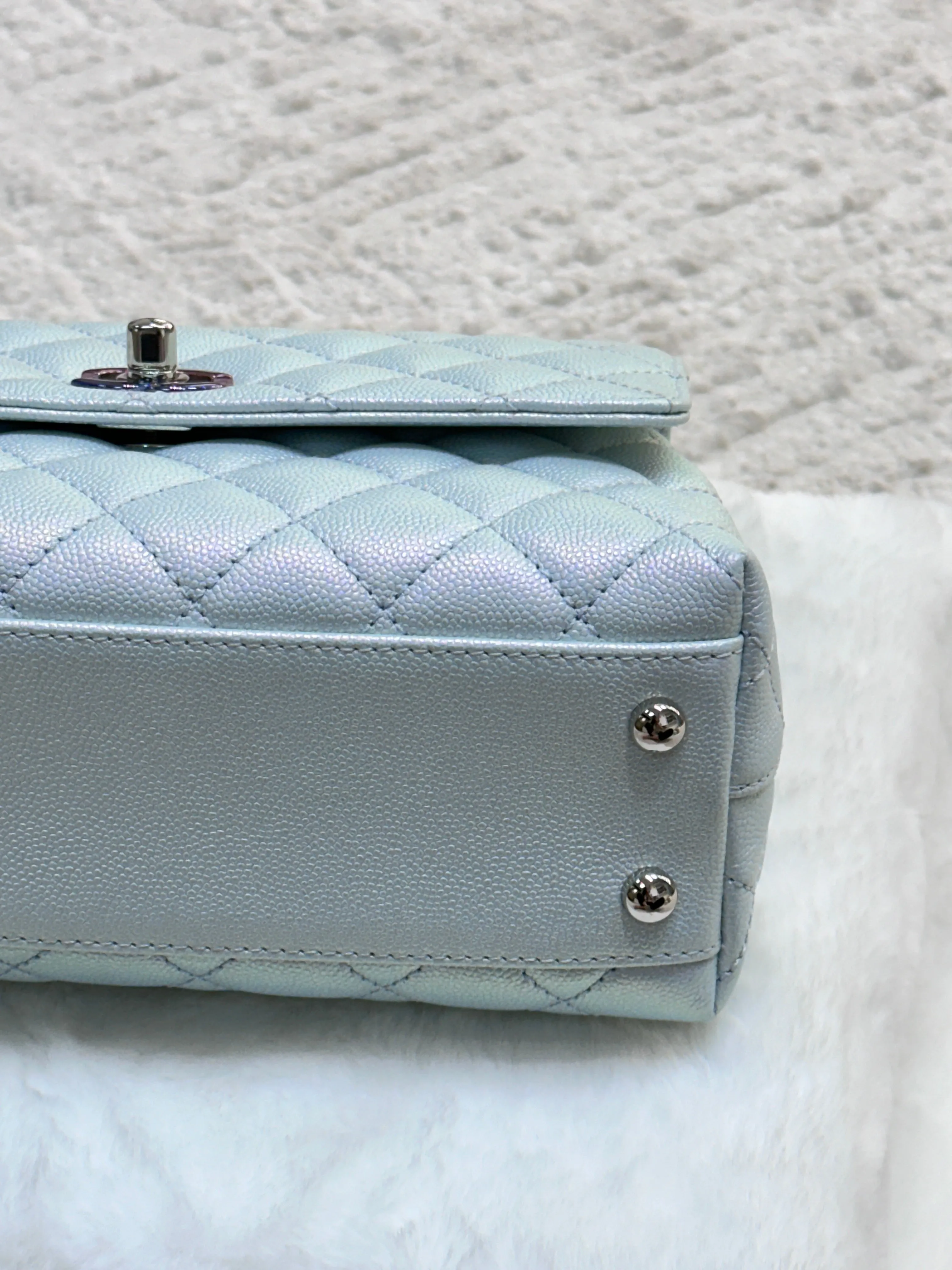 CHANEL Iridescent Caviar Quilted Mini Coco Handle Flap Light Blue