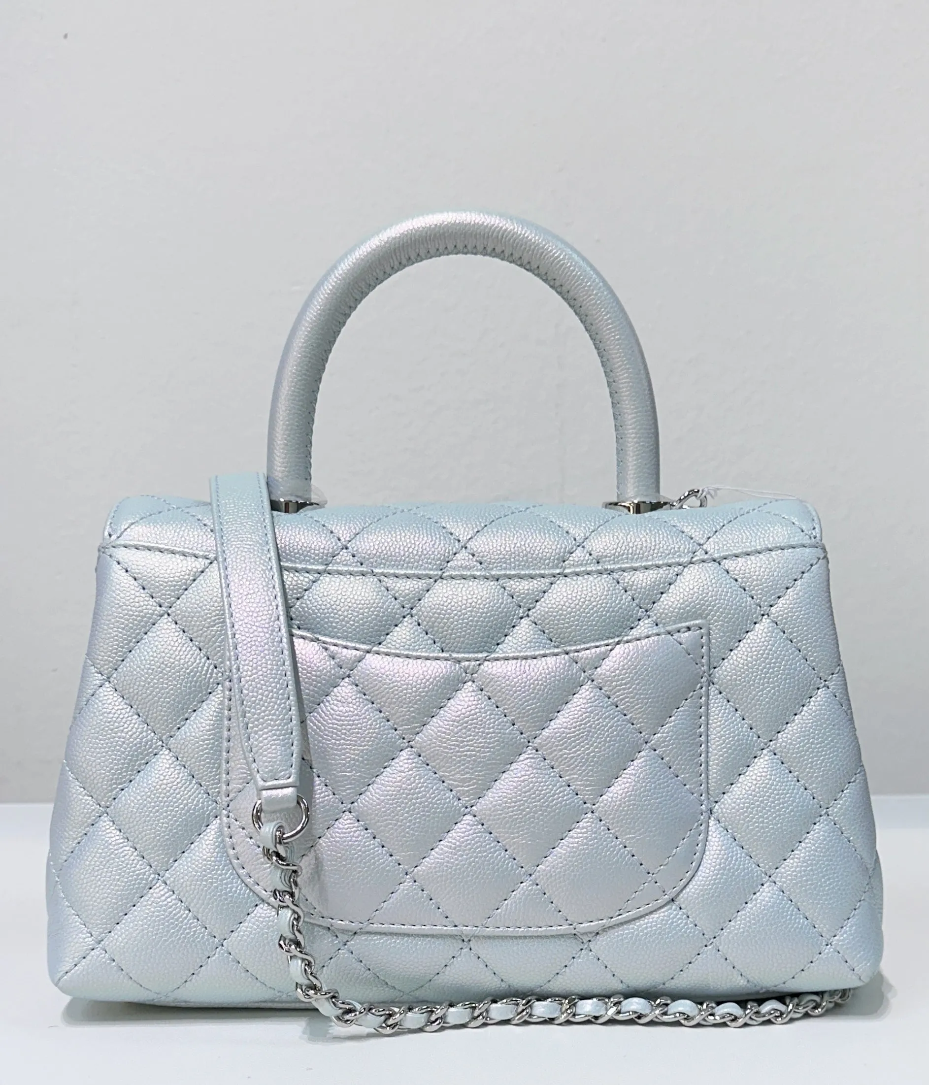 CHANEL Iridescent Caviar Quilted Mini Coco Handle Flap Light Blue