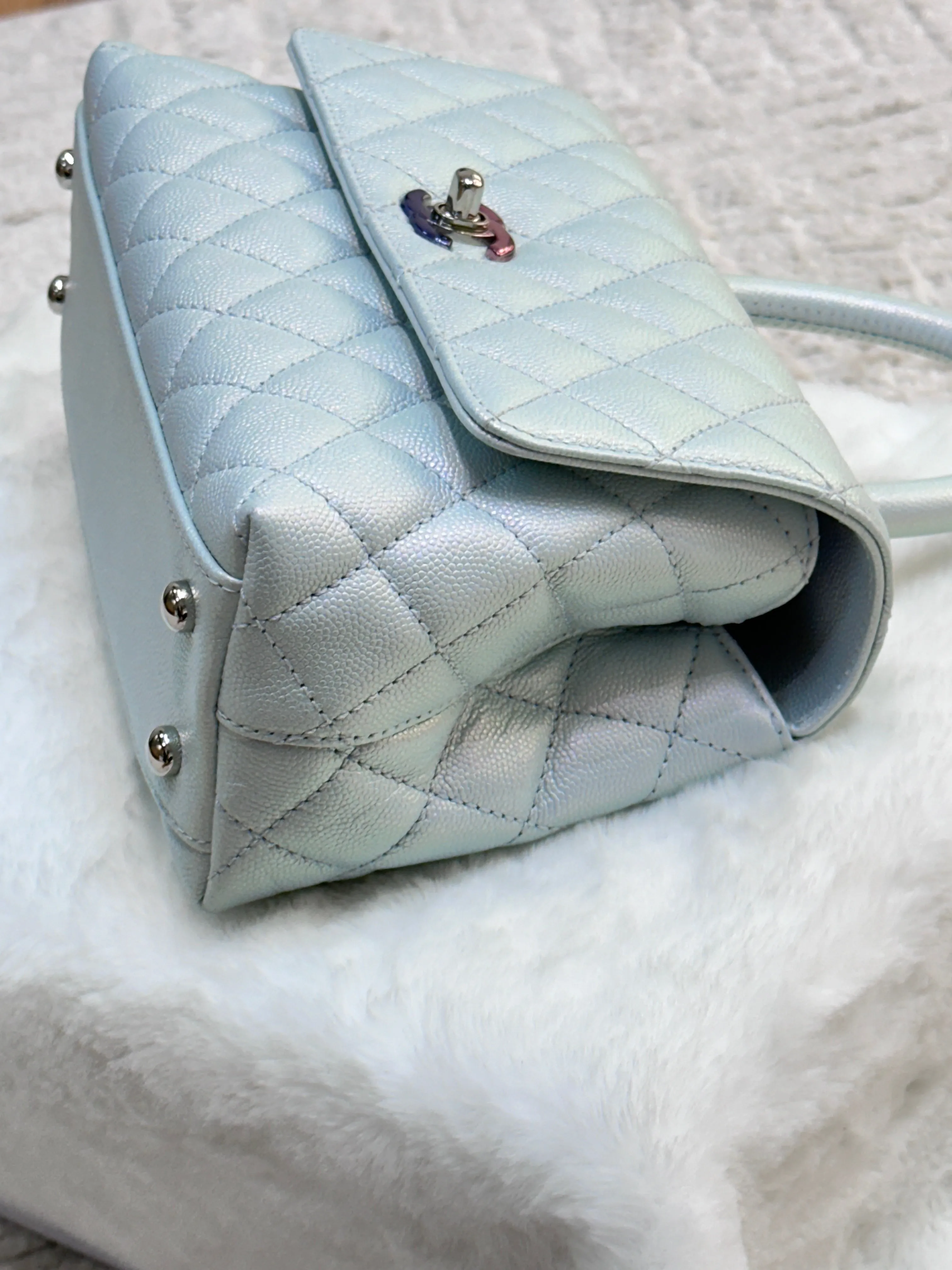 CHANEL Iridescent Caviar Quilted Mini Coco Handle Flap Light Blue