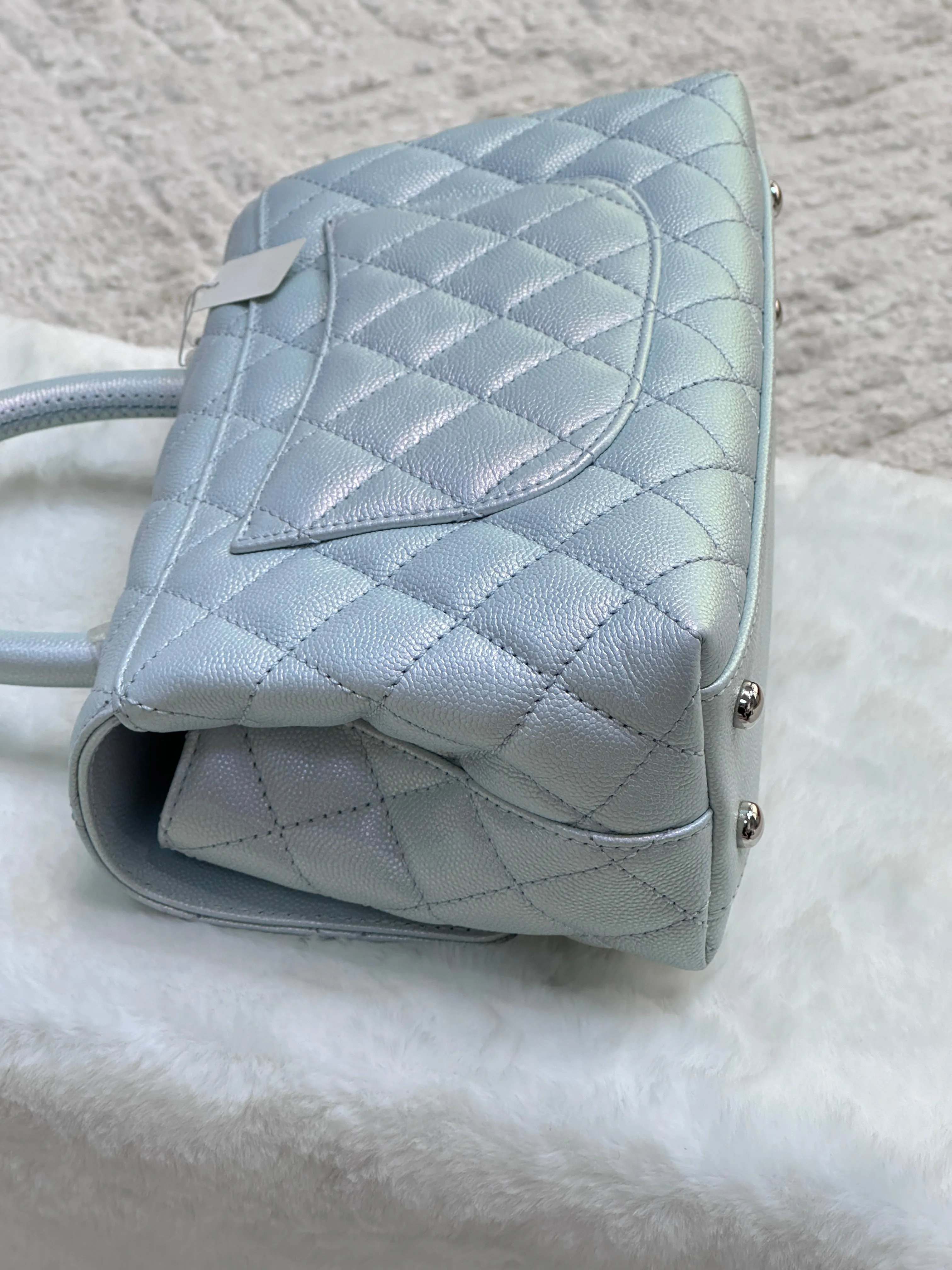 CHANEL Iridescent Caviar Quilted Mini Coco Handle Flap Light Blue