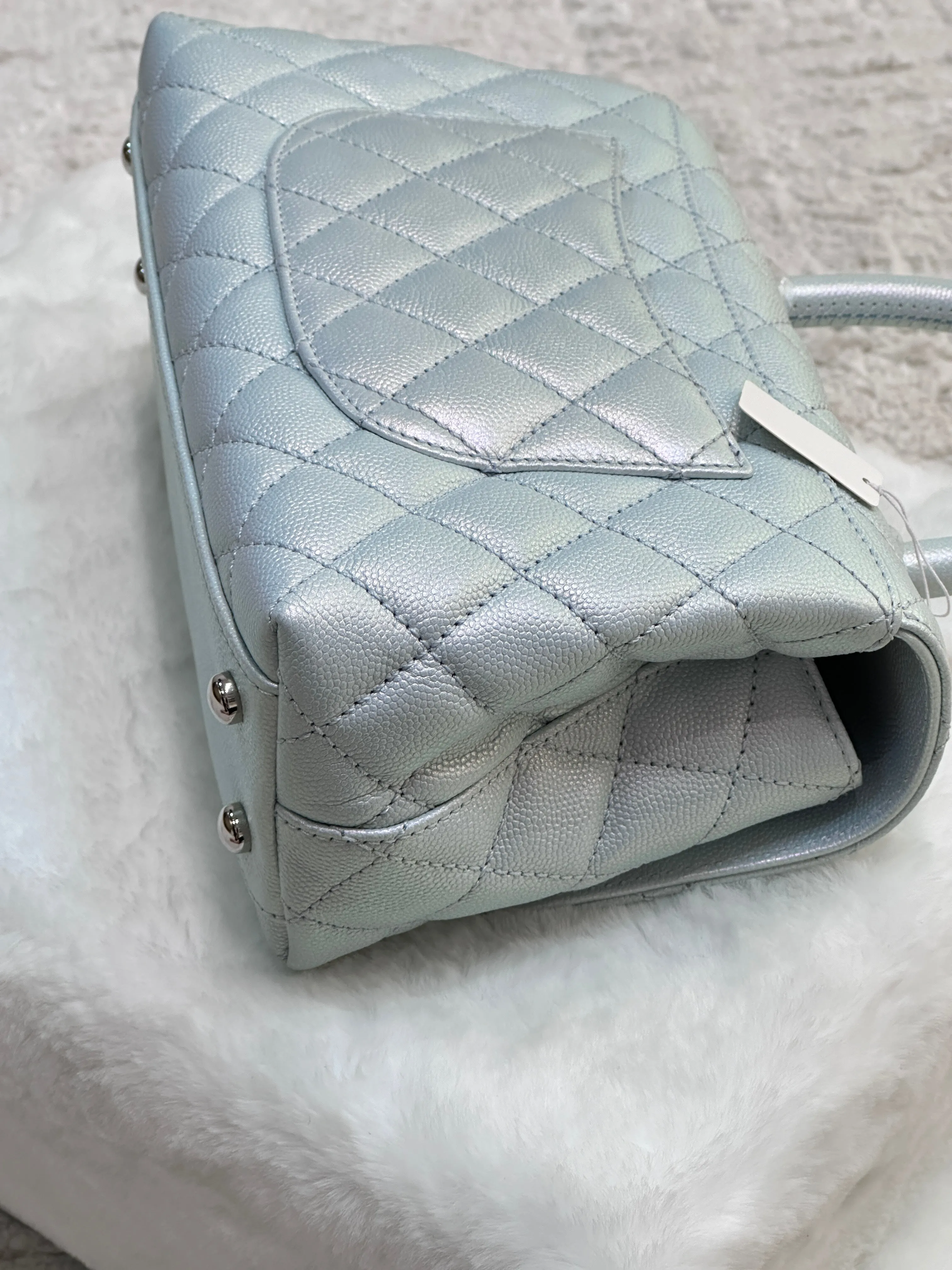 CHANEL Iridescent Caviar Quilted Mini Coco Handle Flap Light Blue