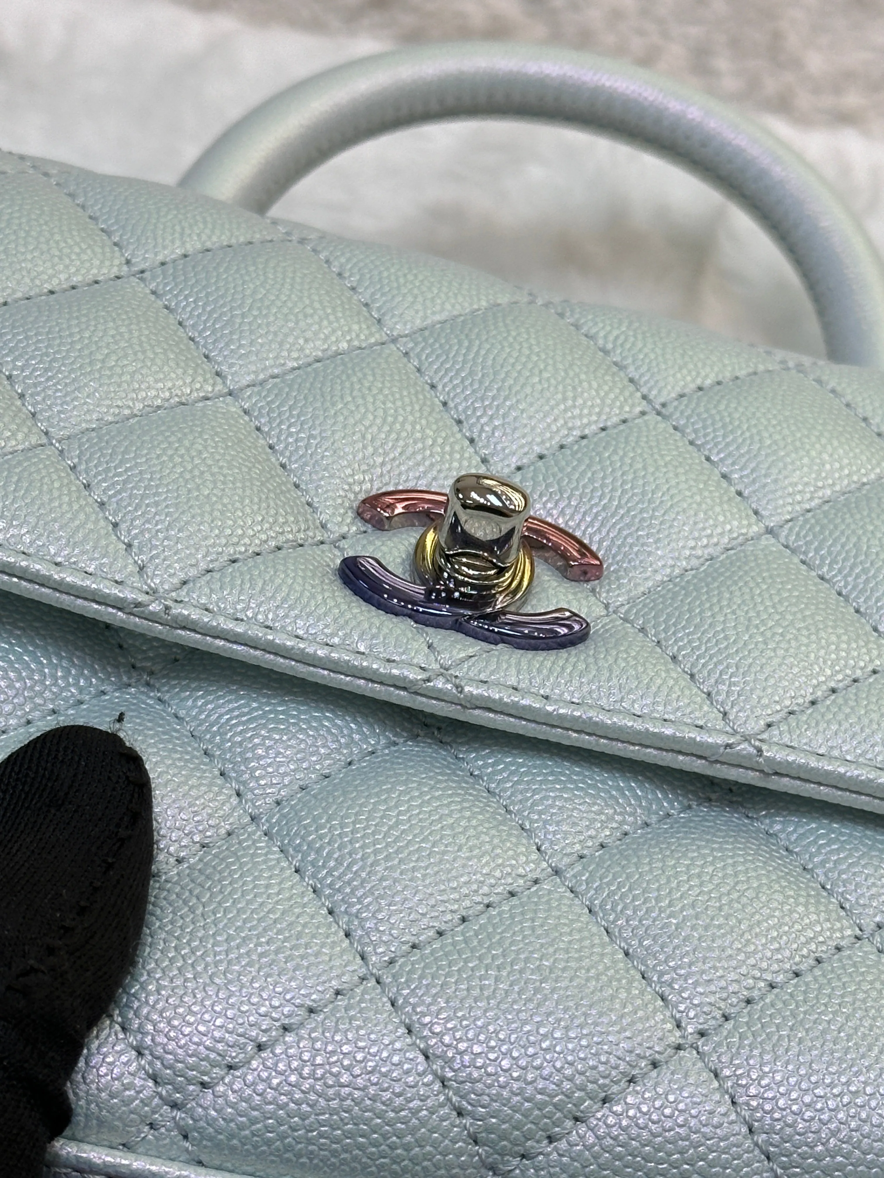 CHANEL Iridescent Caviar Quilted Mini Coco Handle Flap Light Blue