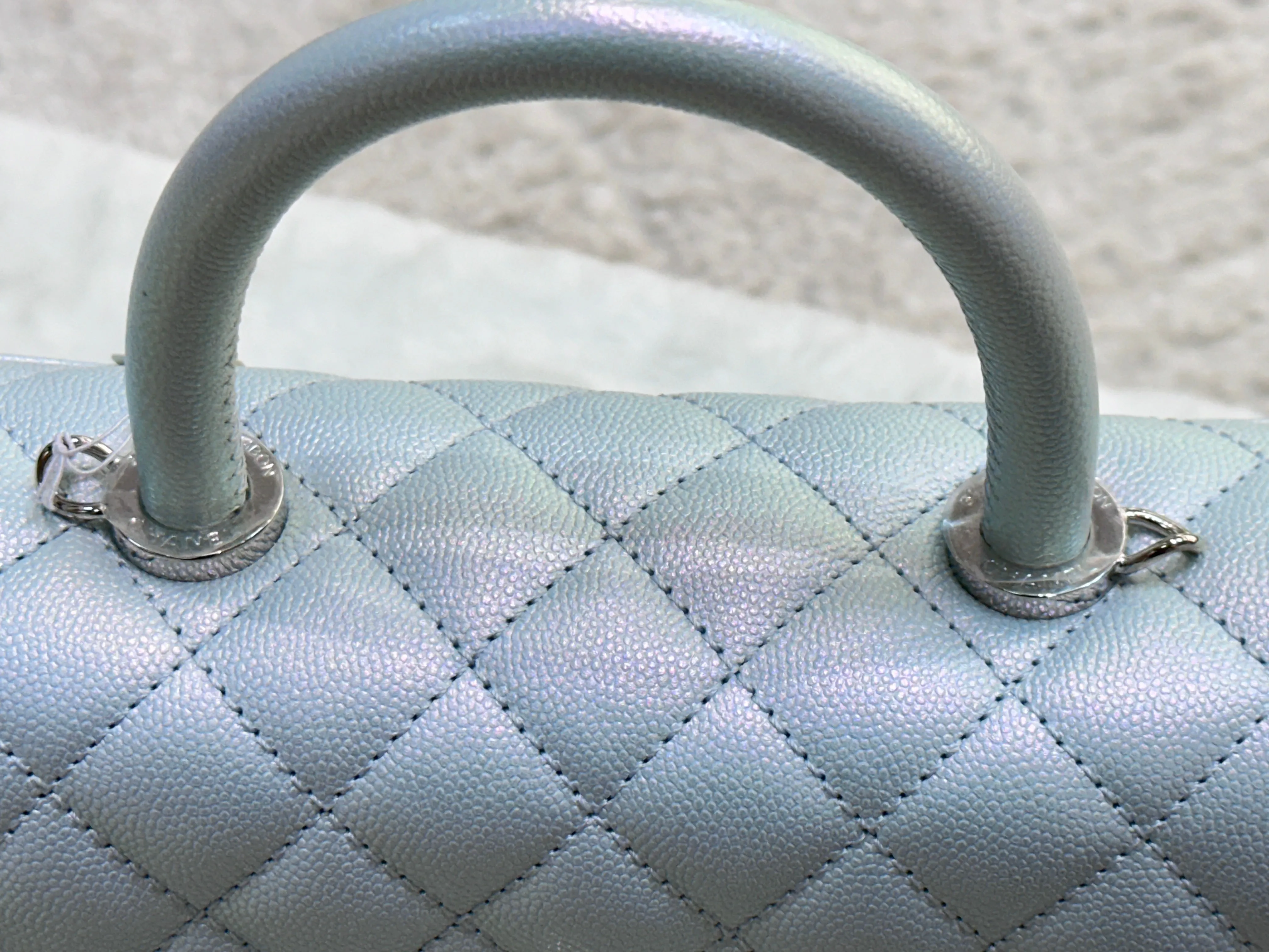 CHANEL Iridescent Caviar Quilted Mini Coco Handle Flap Light Blue