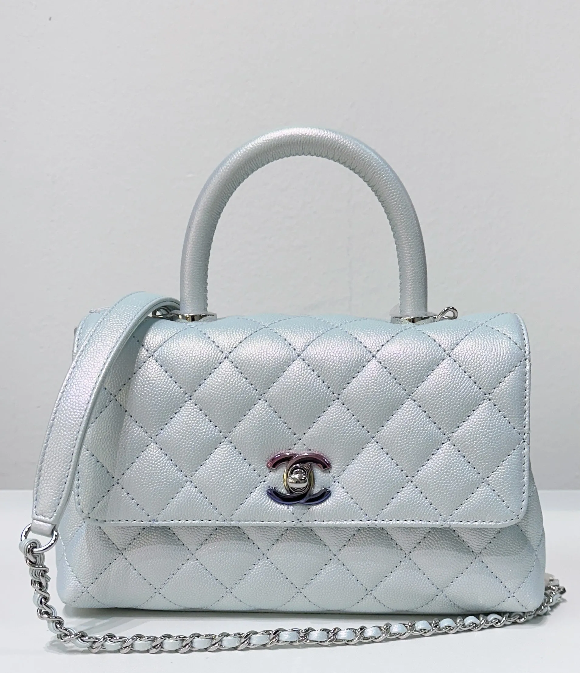 CHANEL Iridescent Caviar Quilted Mini Coco Handle Flap Light Blue