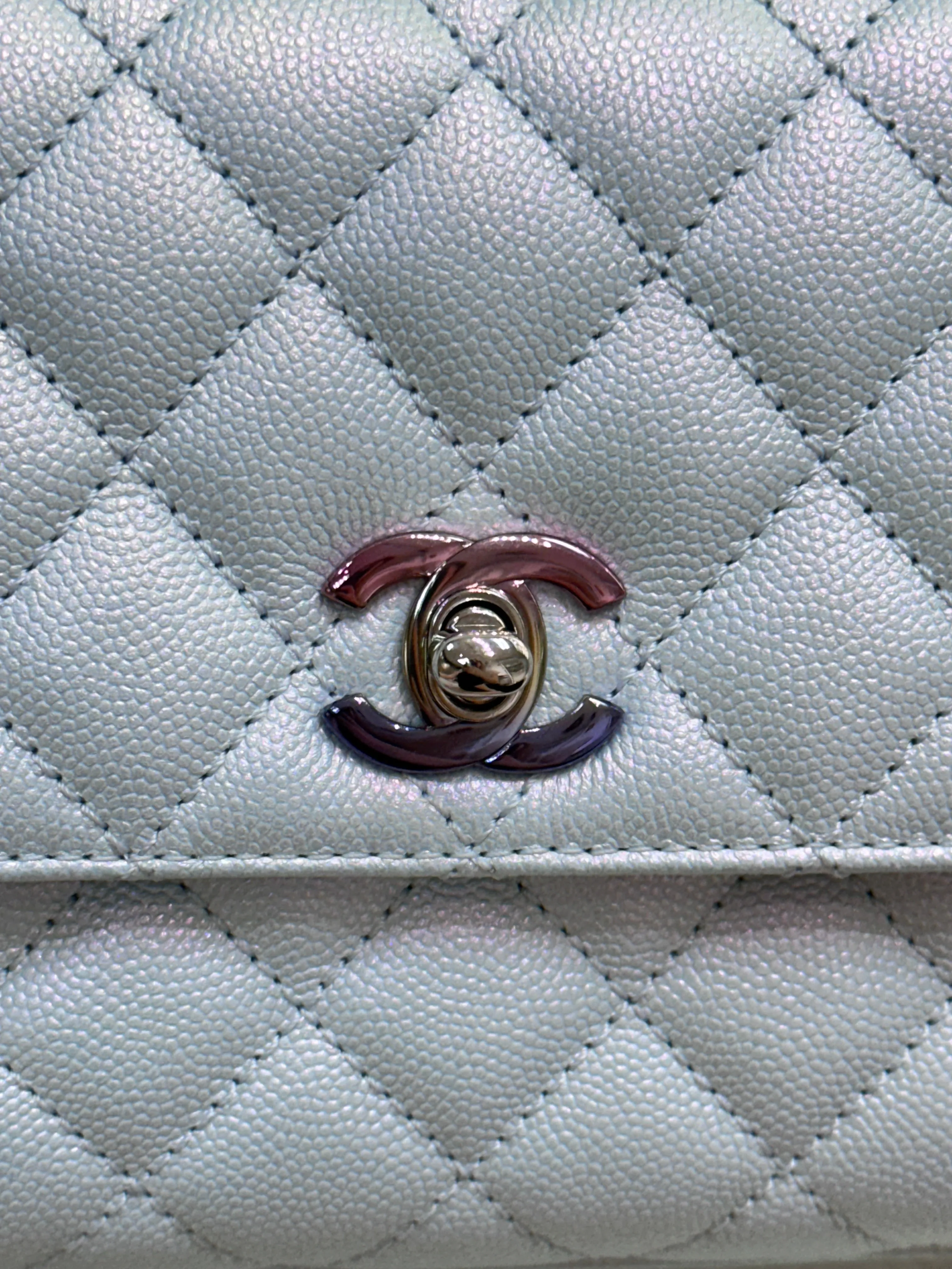 CHANEL Iridescent Caviar Quilted Mini Coco Handle Flap Light Blue