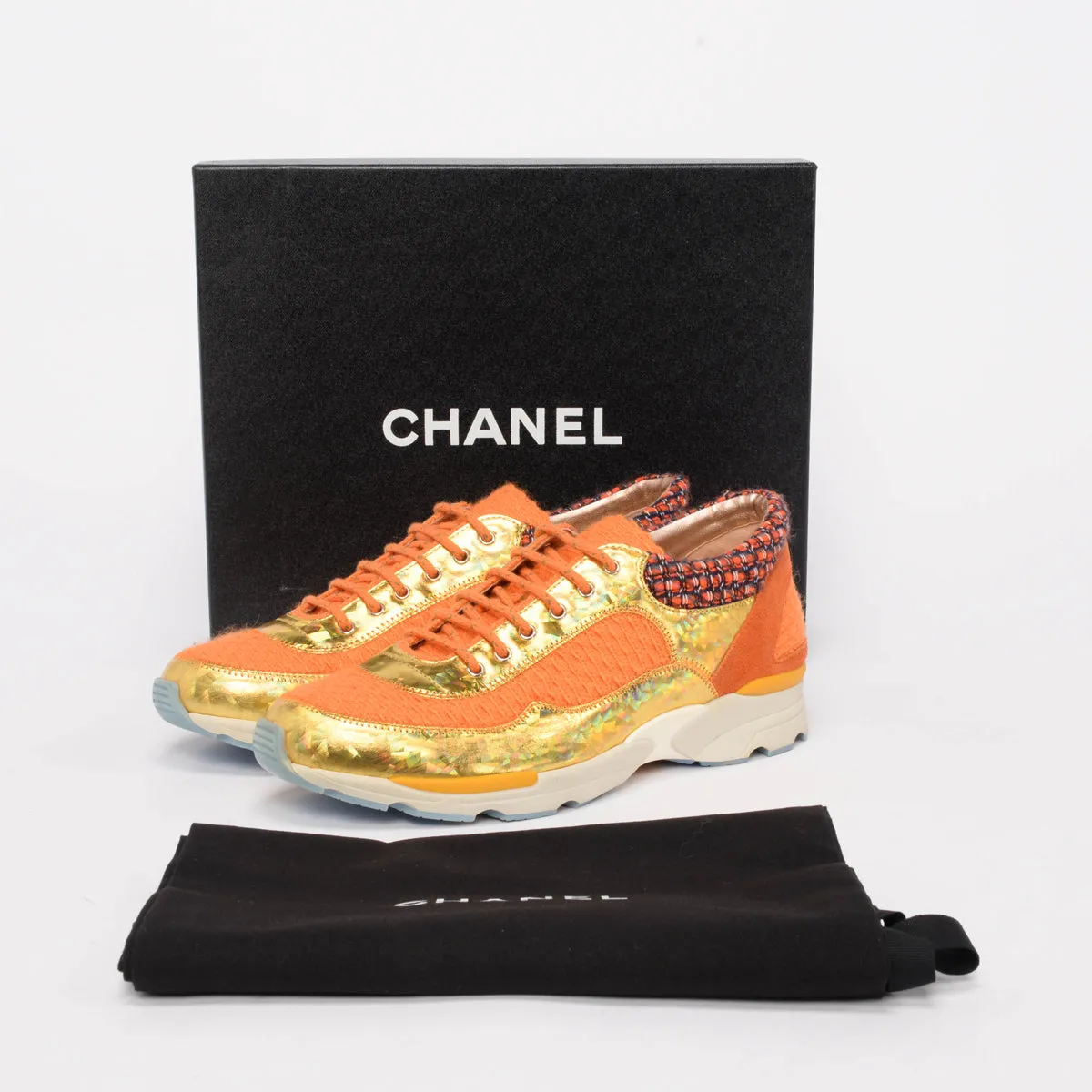 Chanel Orange & Gold Tweed CC Sneakers 39