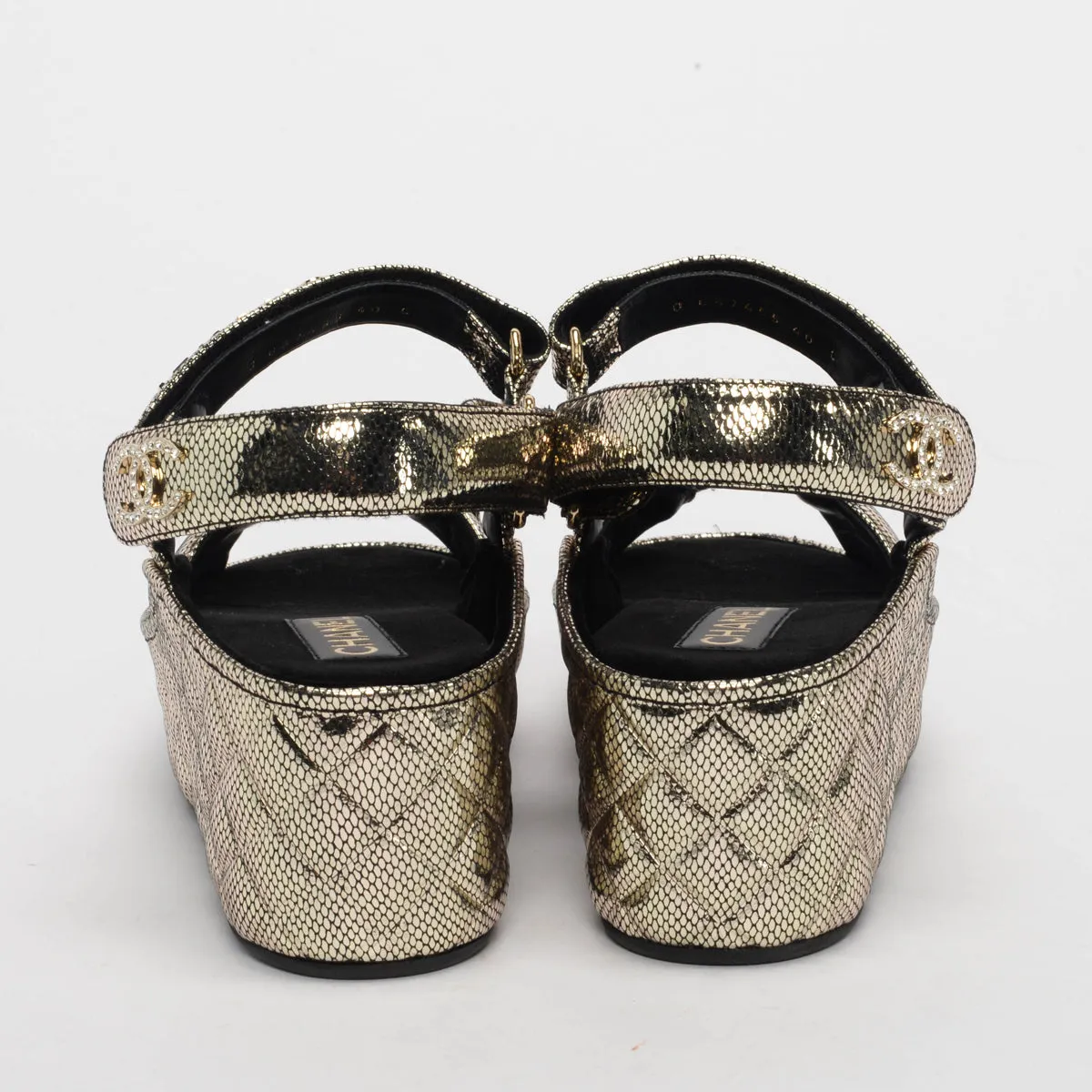 Chanel Pewter Embossed Leather Dad Sandal Wedges 40