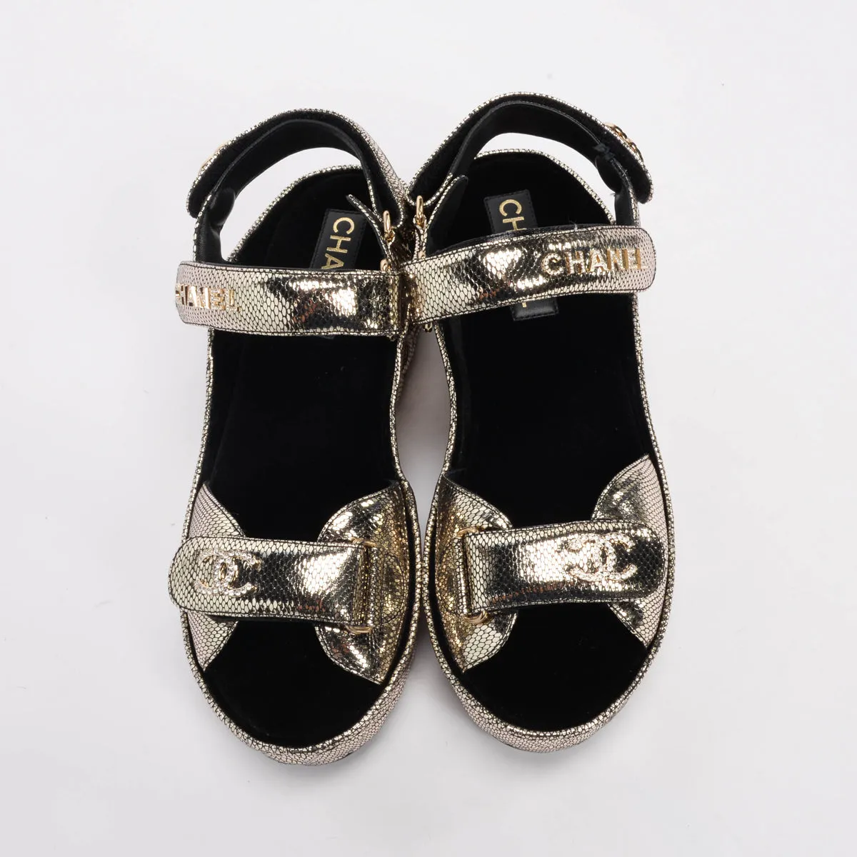 Chanel Pewter Embossed Leather Dad Sandal Wedges 40