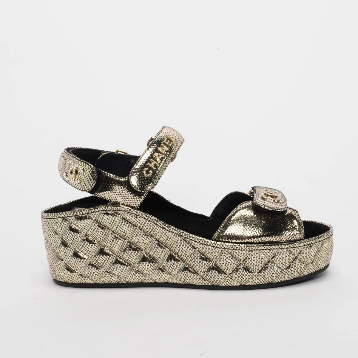 Chanel Pewter Embossed Leather Dad Sandal Wedges 40