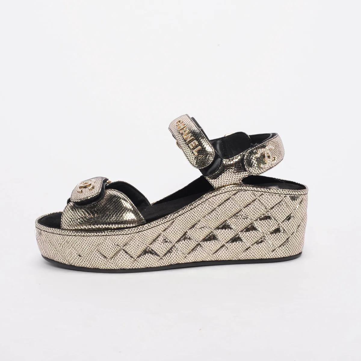 Chanel Pewter Embossed Leather Dad Sandal Wedges 40