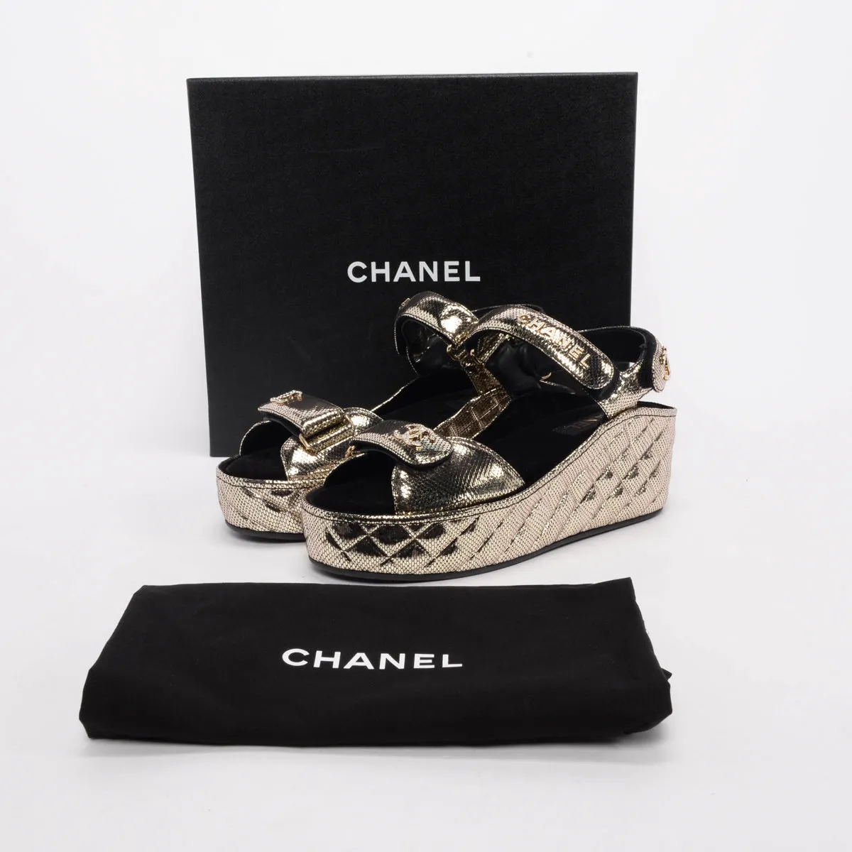 Chanel Pewter Embossed Leather Dad Sandal Wedges 40