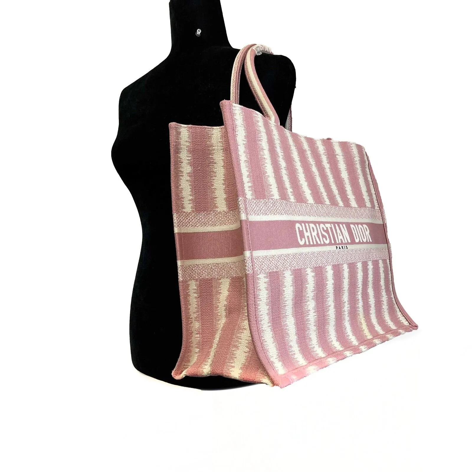 Christian Dior Bayadere Stripe Large Book Tote D-Stripes Embroidery Pink