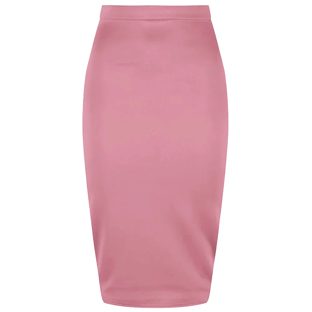 Classic Stretch Dusky Pink Purple Pencil Bodycon Midi Office Work Skirt